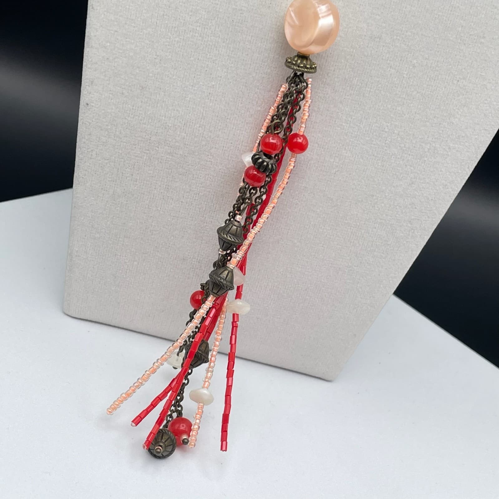 Vintage Coral Nude Tassel Y Lariat Necklace Boho Antique Brass Tone Beaded - Thumbnail 7
