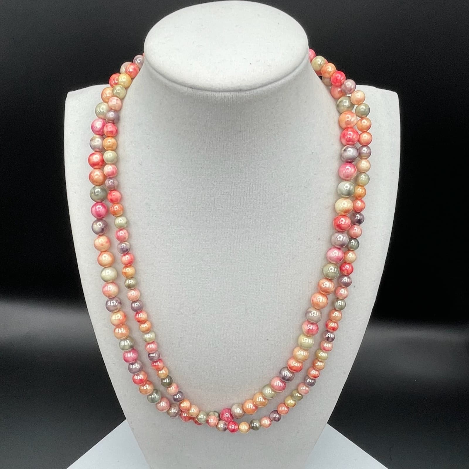 Vintage Vibrant peach pink gray Multi color double strand beaded necklace 21 in - Thumbnail 2