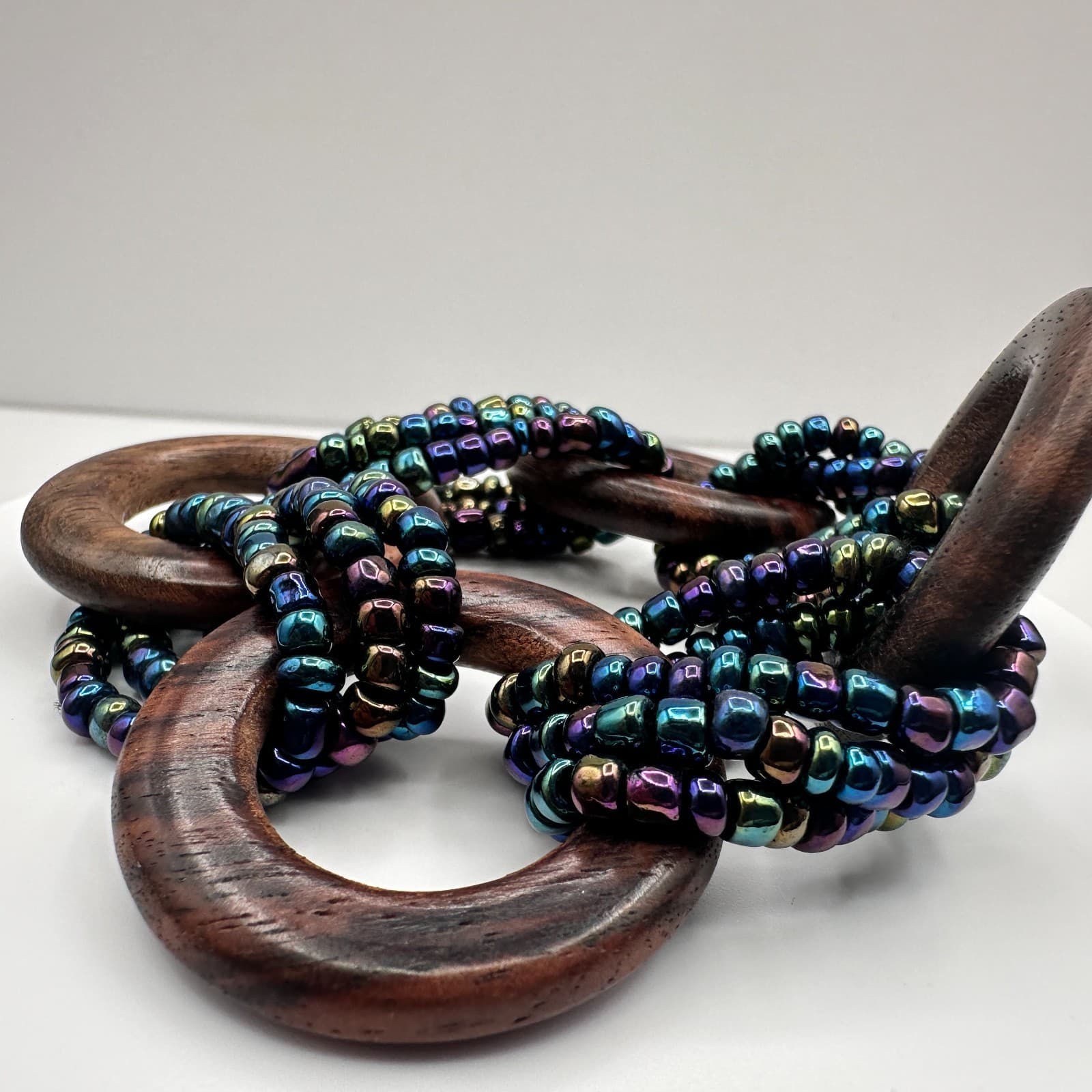 Vintage Y2K Statement Necklace Iridescent Seed Beads Wooden Rings Boho Jewelry - Thumbnail 2
