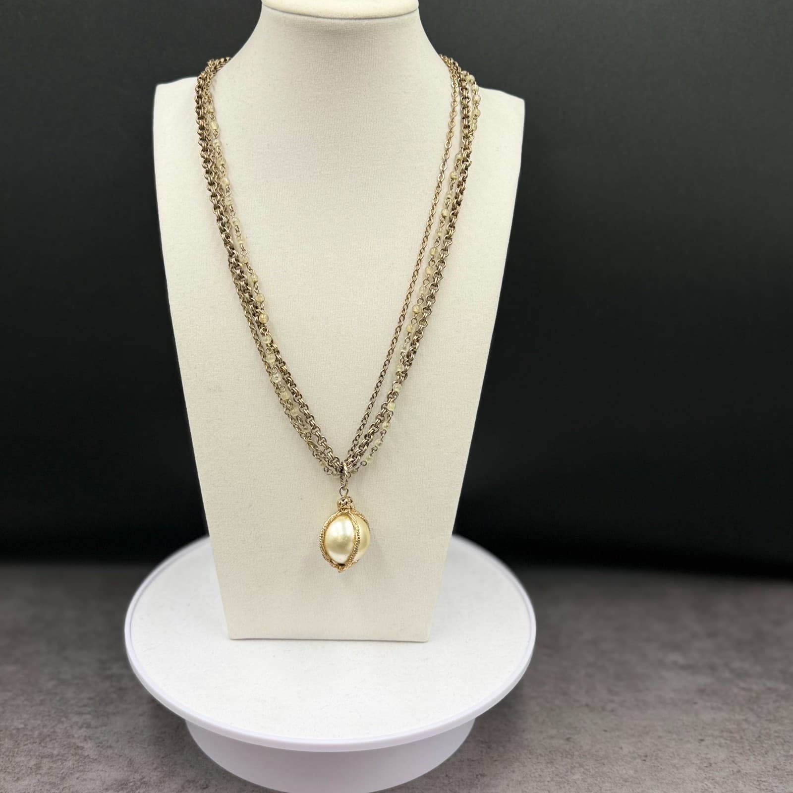 Vintage Gold-Tone Chain Necklace w/ Faux Pearl Drop Layered Statement - Image 1