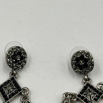 Vintage Boho Silver Tone Chandelier Earrings Black Rhinestone Filigree Crescent - Thumbnail 2
