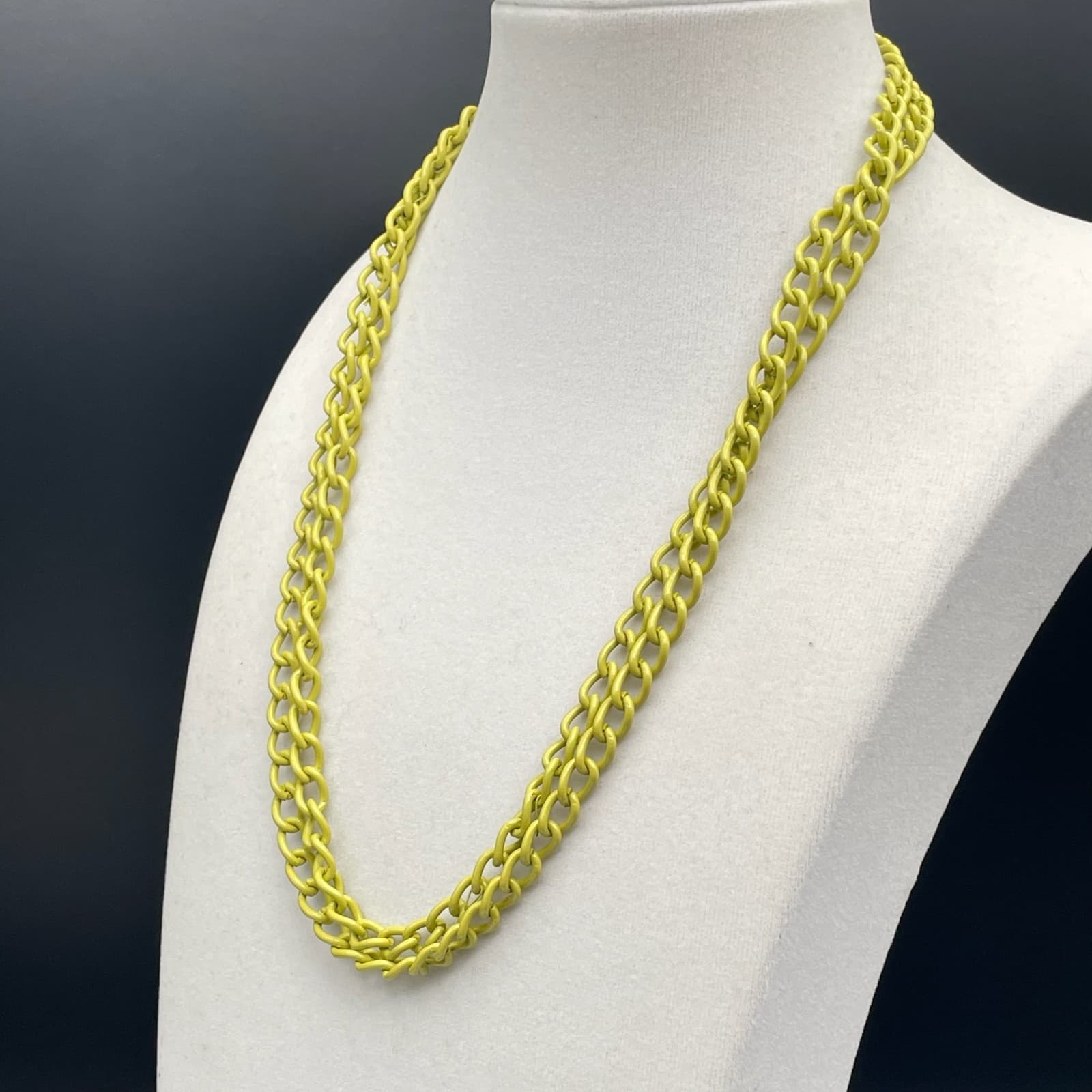 Vintage Double Curb Chain Necklace Neon Yellow Enamel Coated Long Chunky - Thumbnail 8