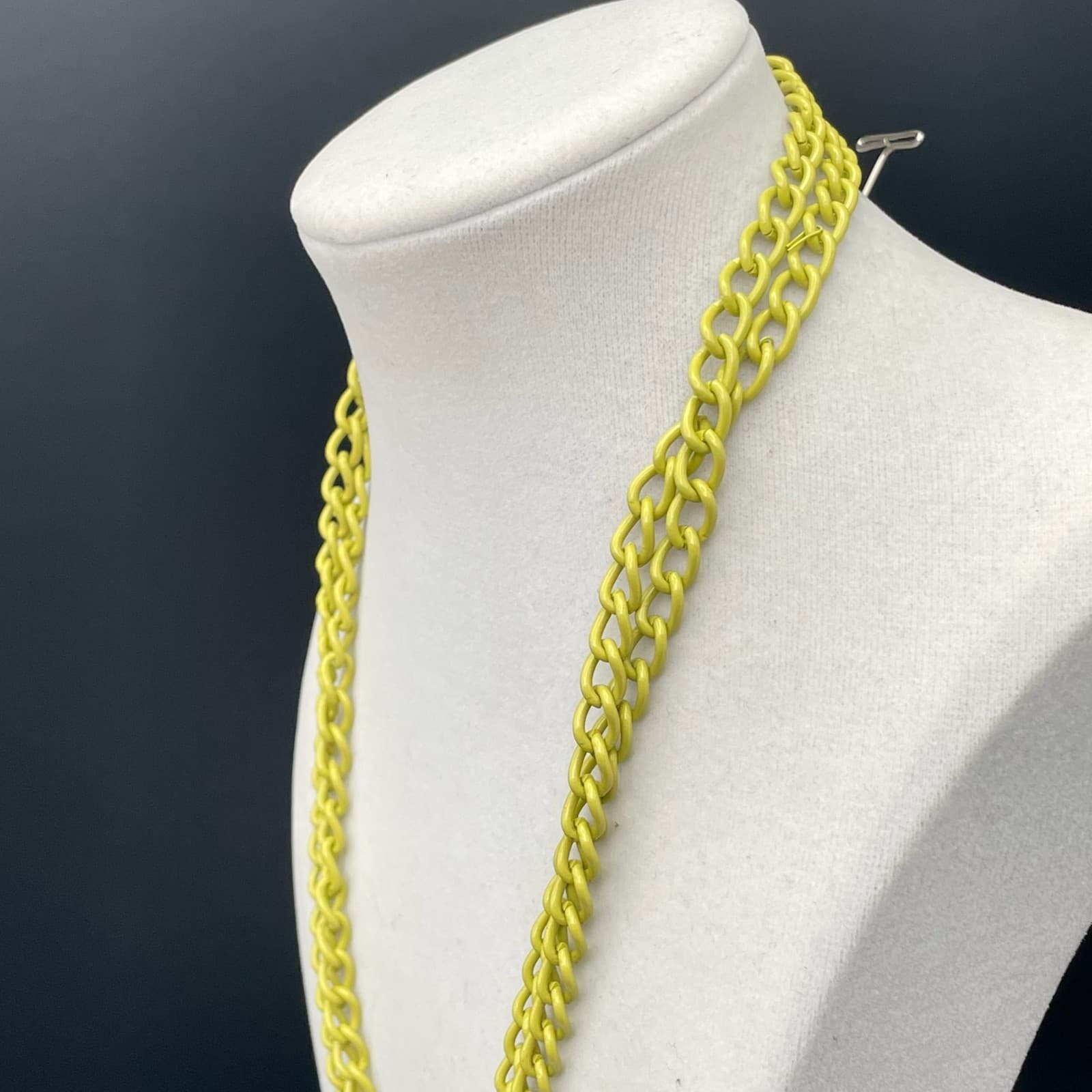 Vintage Double Curb Chain Necklace Neon Yellow Enamel Coated Long Chunky - Thumbnail 7