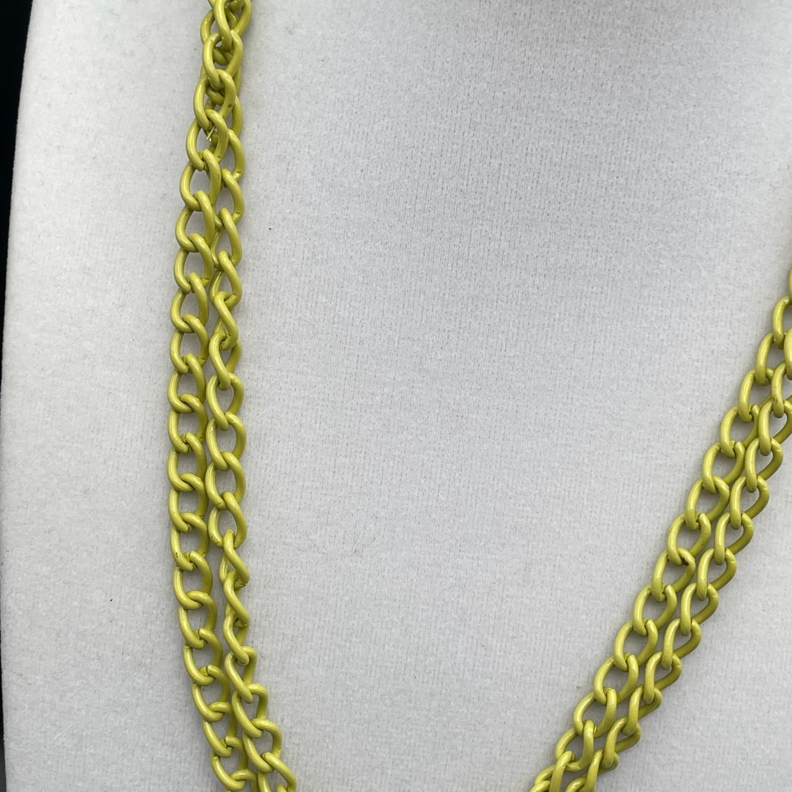 Vintage Double Curb Chain Necklace Neon Yellow Enamel Coated Long Chunky - Thumbnail 3