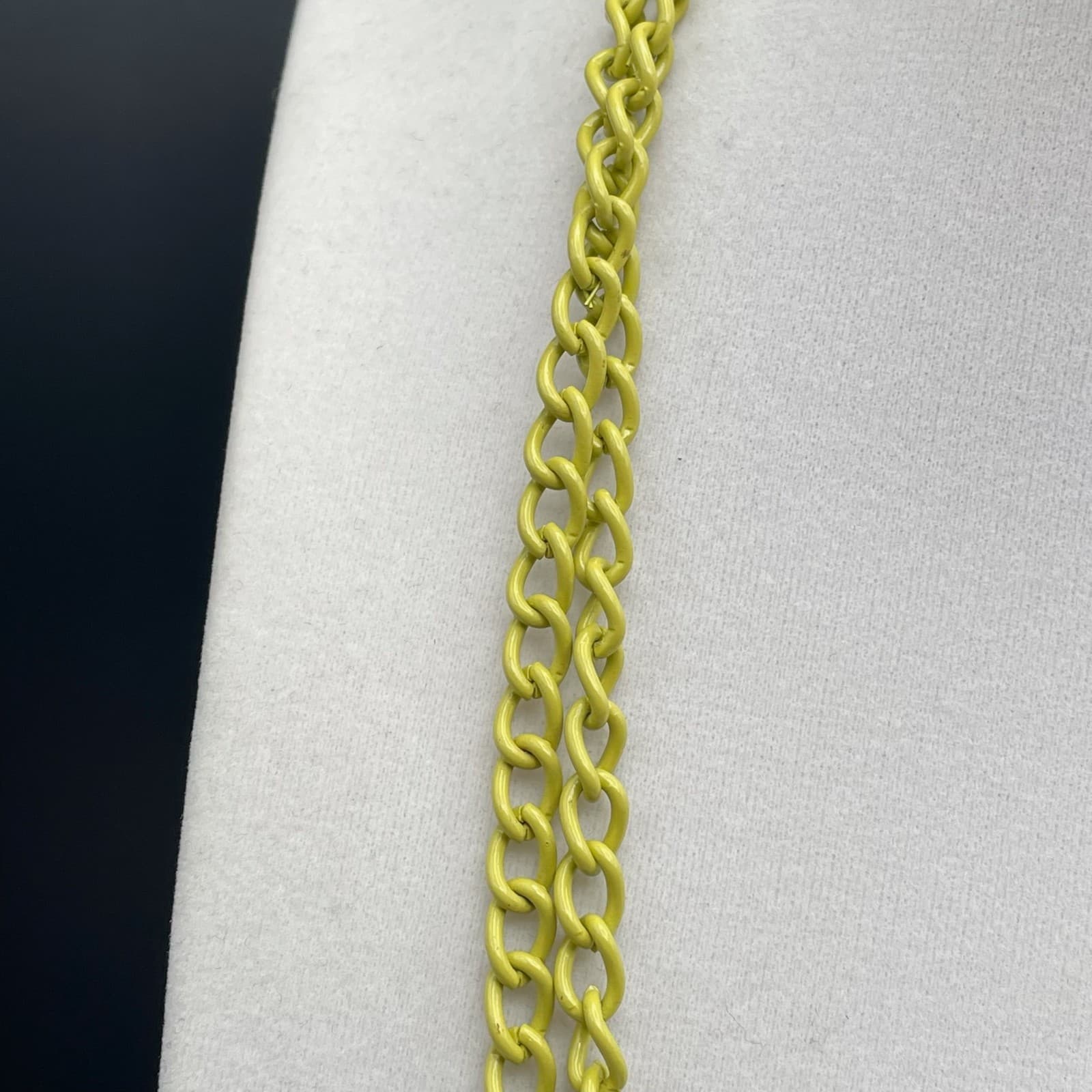 Vintage Double Curb Chain Necklace Neon Yellow Enamel Coated Long Chunky - Thumbnail 4