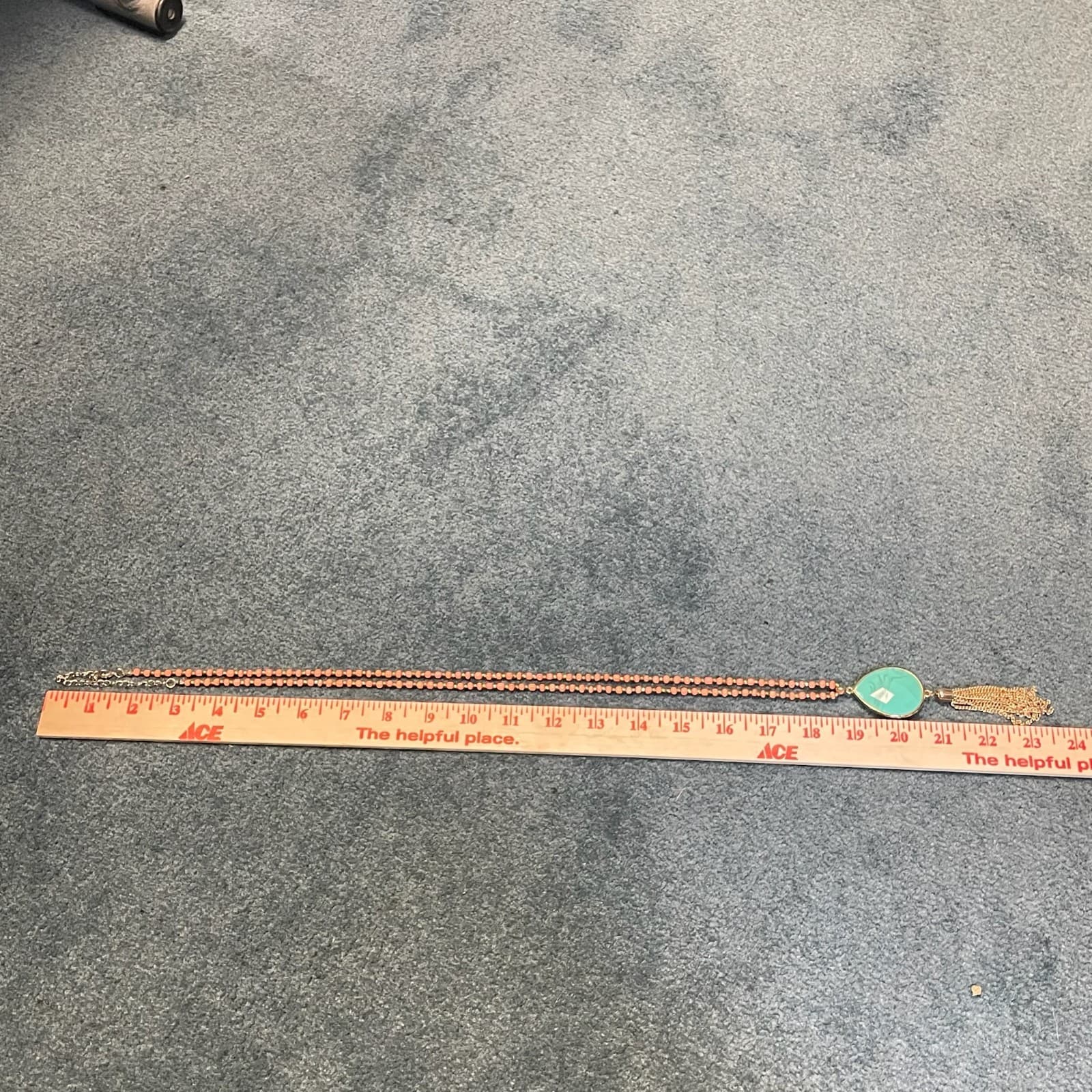 Vintage Beaded coral and gold-tone necklace turquoise teardrop tassel pendant - Thumbnail 6