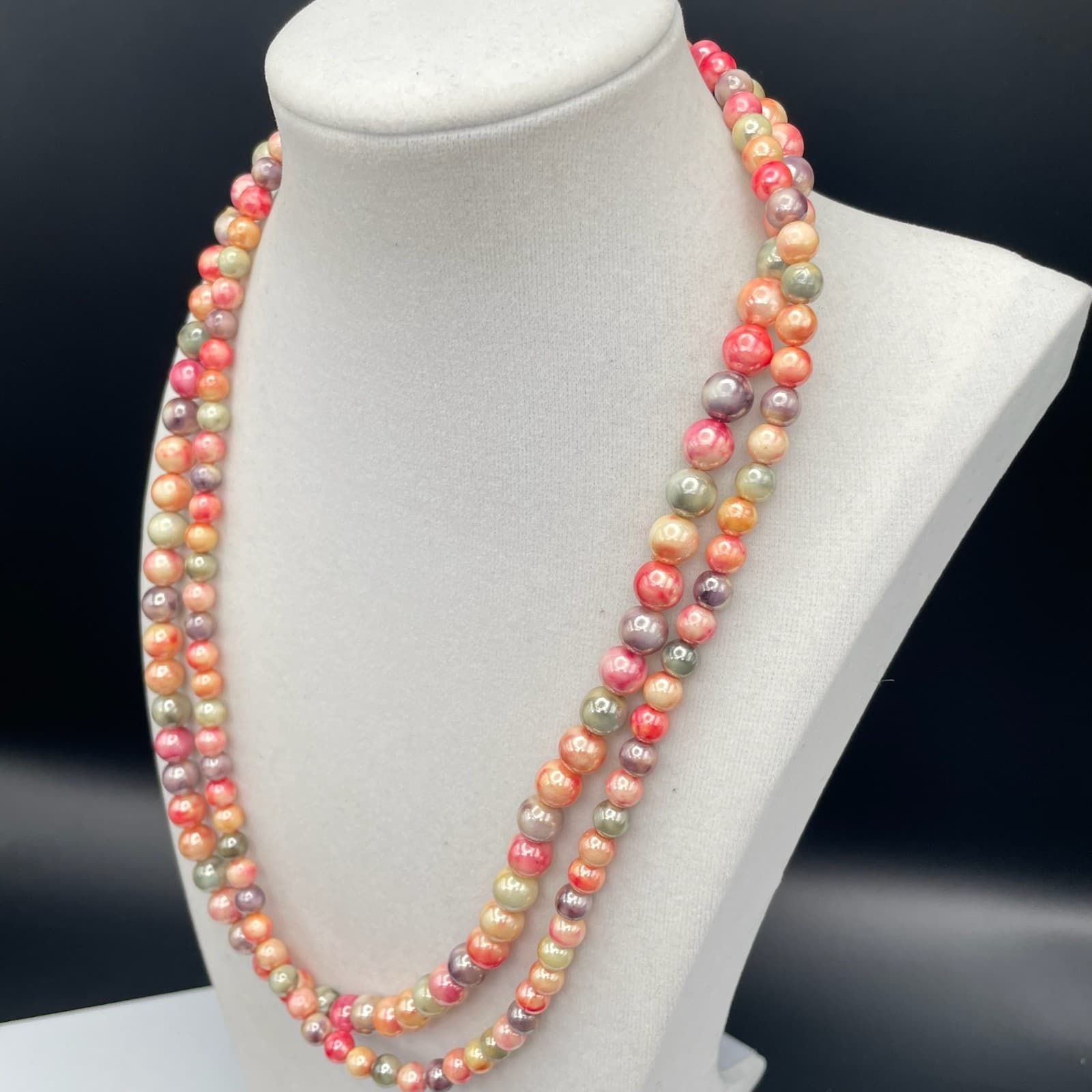 Vintage Vibrant peach pink gray Multi color double strand beaded necklace 21 in - Thumbnail 8