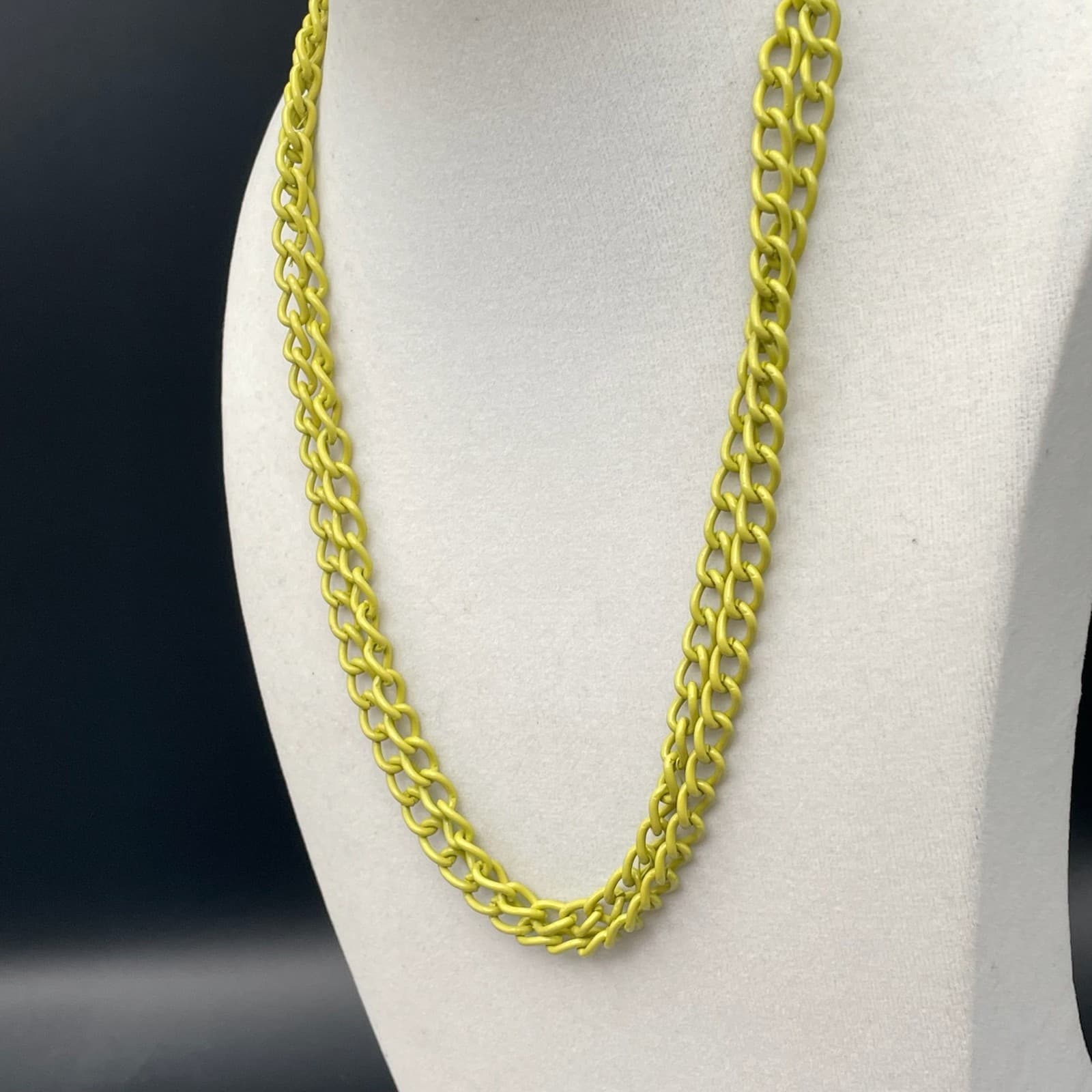 Vintage Double Curb Chain Necklace Neon Yellow Enamel Coated Long Chunky - Thumbnail 6