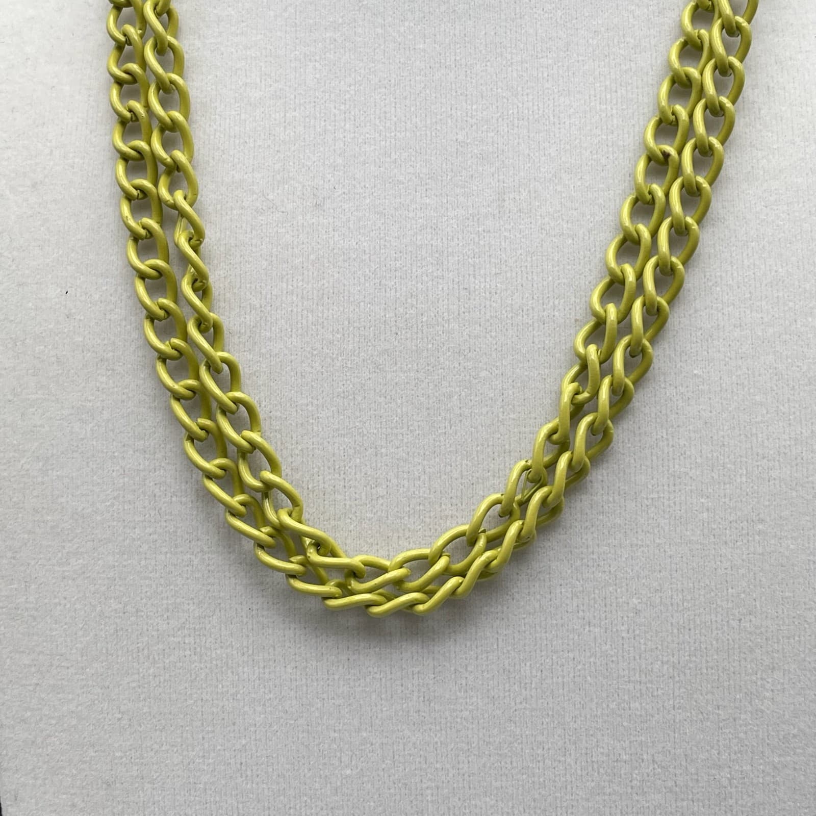 Vintage Double Curb Chain Necklace Neon Yellow Enamel Coated Long Chunky - Thumbnail 5