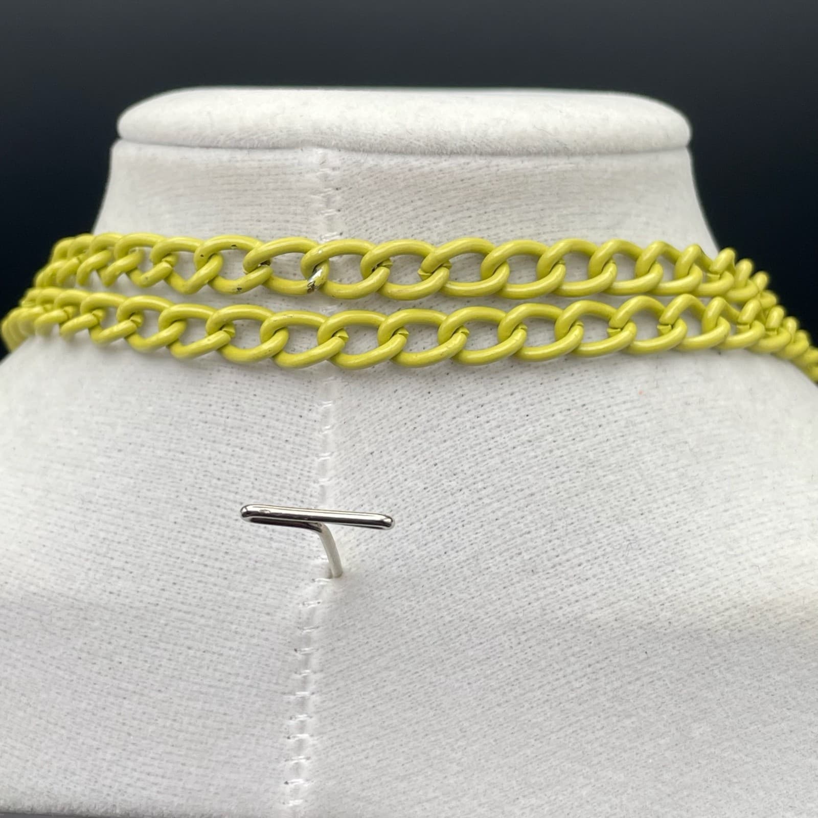 Vintage Double Curb Chain Necklace Neon Yellow Enamel Coated Long Chunky - Thumbnail 10