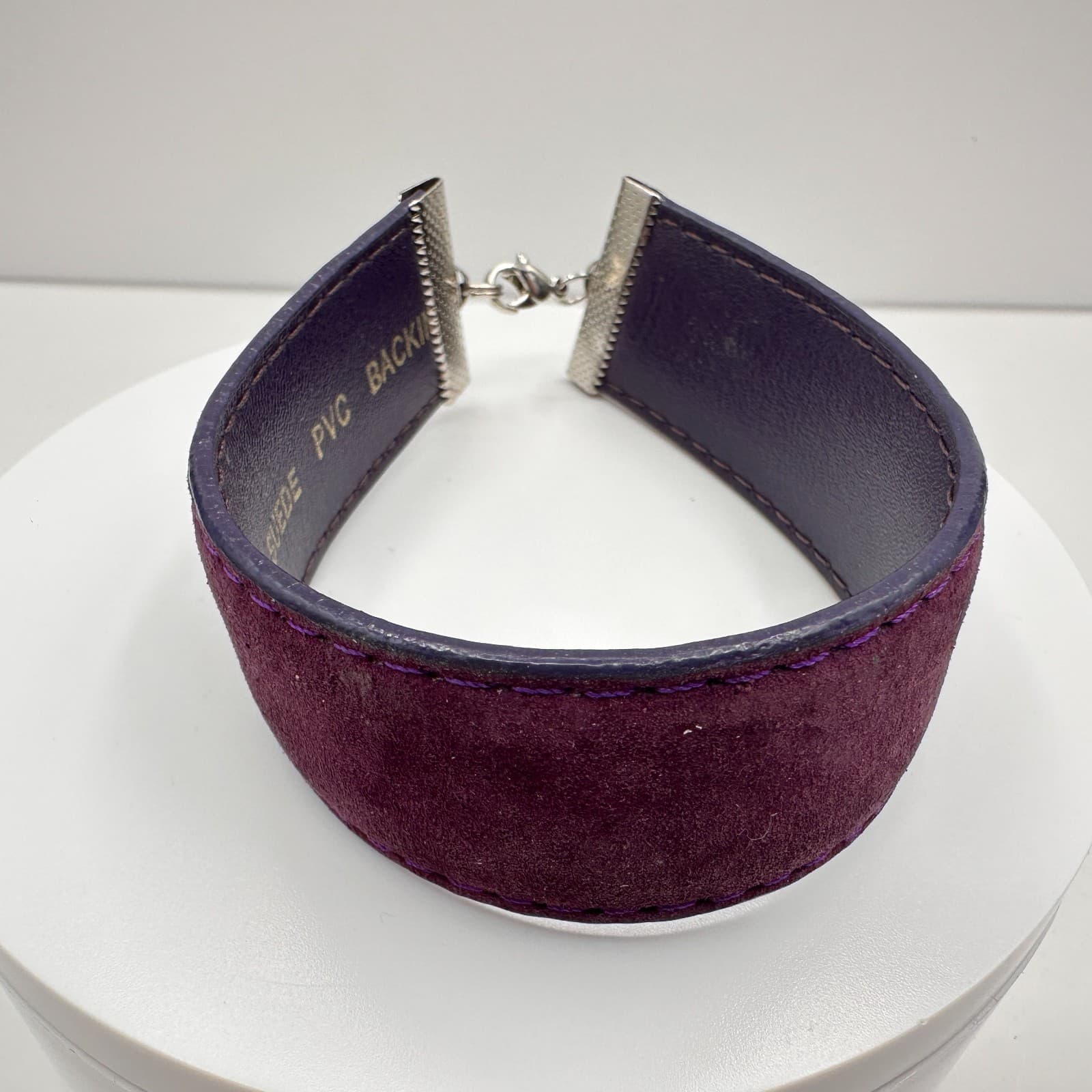 Vintage Y2K Architect Purple Faux Leather Hand Bracelet Silver Tone Wide Band - Thumbnail 2