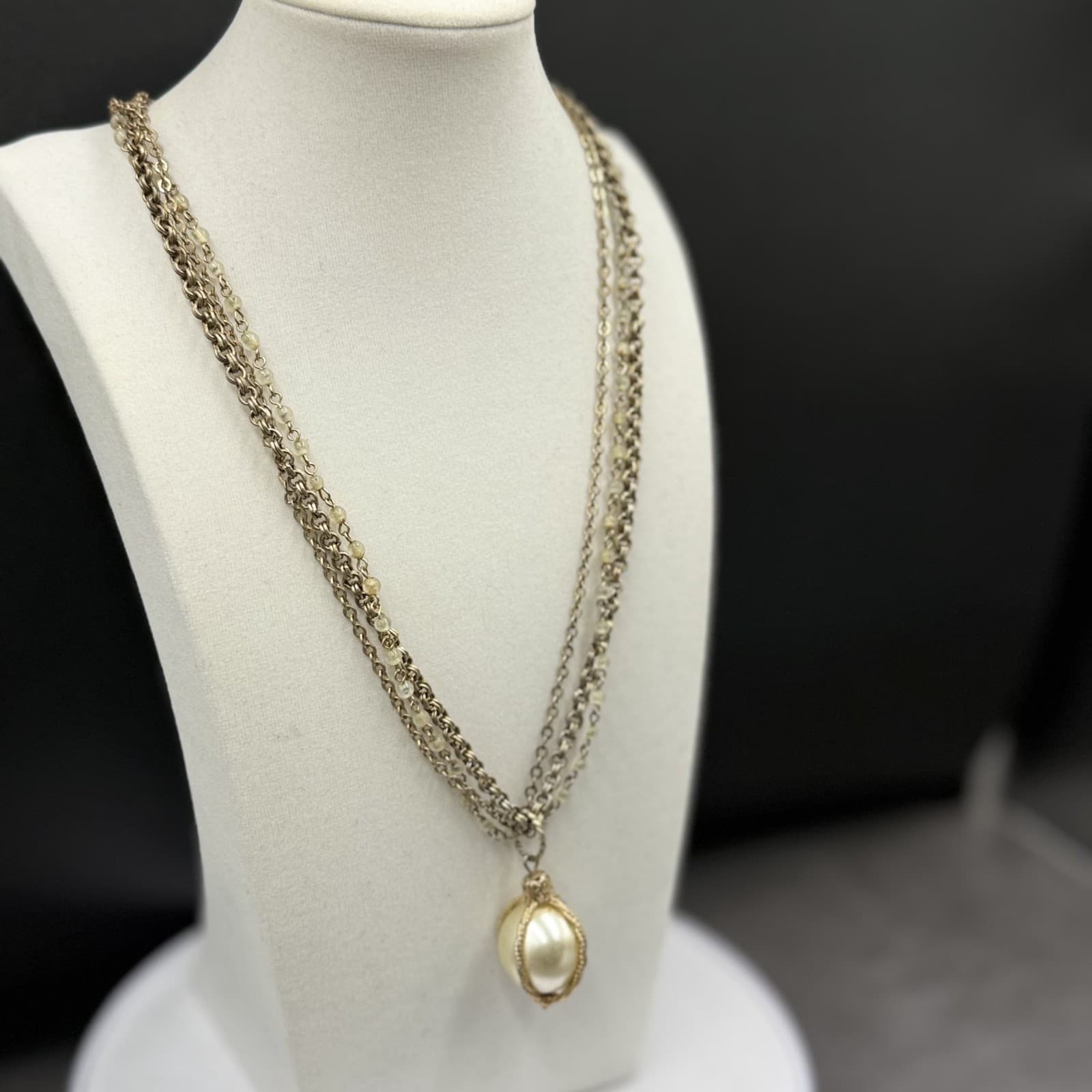 Vintage Gold-Tone Chain Necklace w/ Faux Pearl Drop Layered Statement - Thumbnail 6