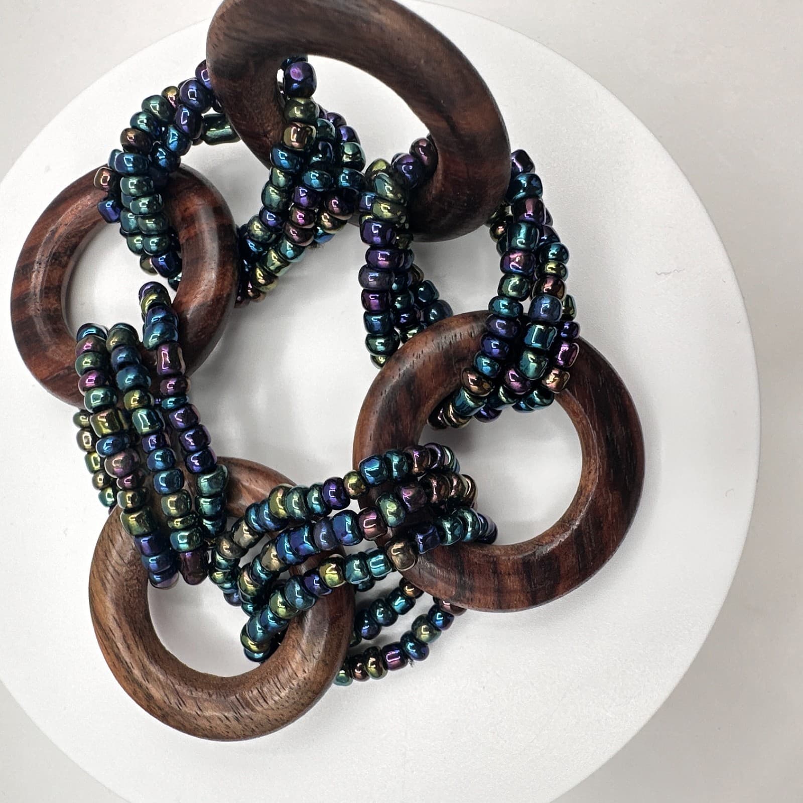 Vintage Y2K Statement Necklace Iridescent Seed Beads Wooden Rings Boho Jewelry - Thumbnail 5