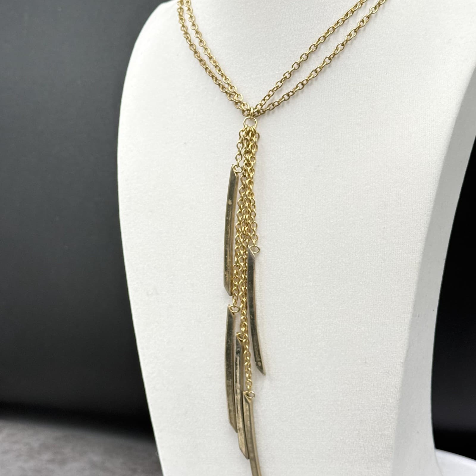 Modern Gold-Tone Fringe Bar Pendant Necklace Layered Boho Statement - Thumbnail 6