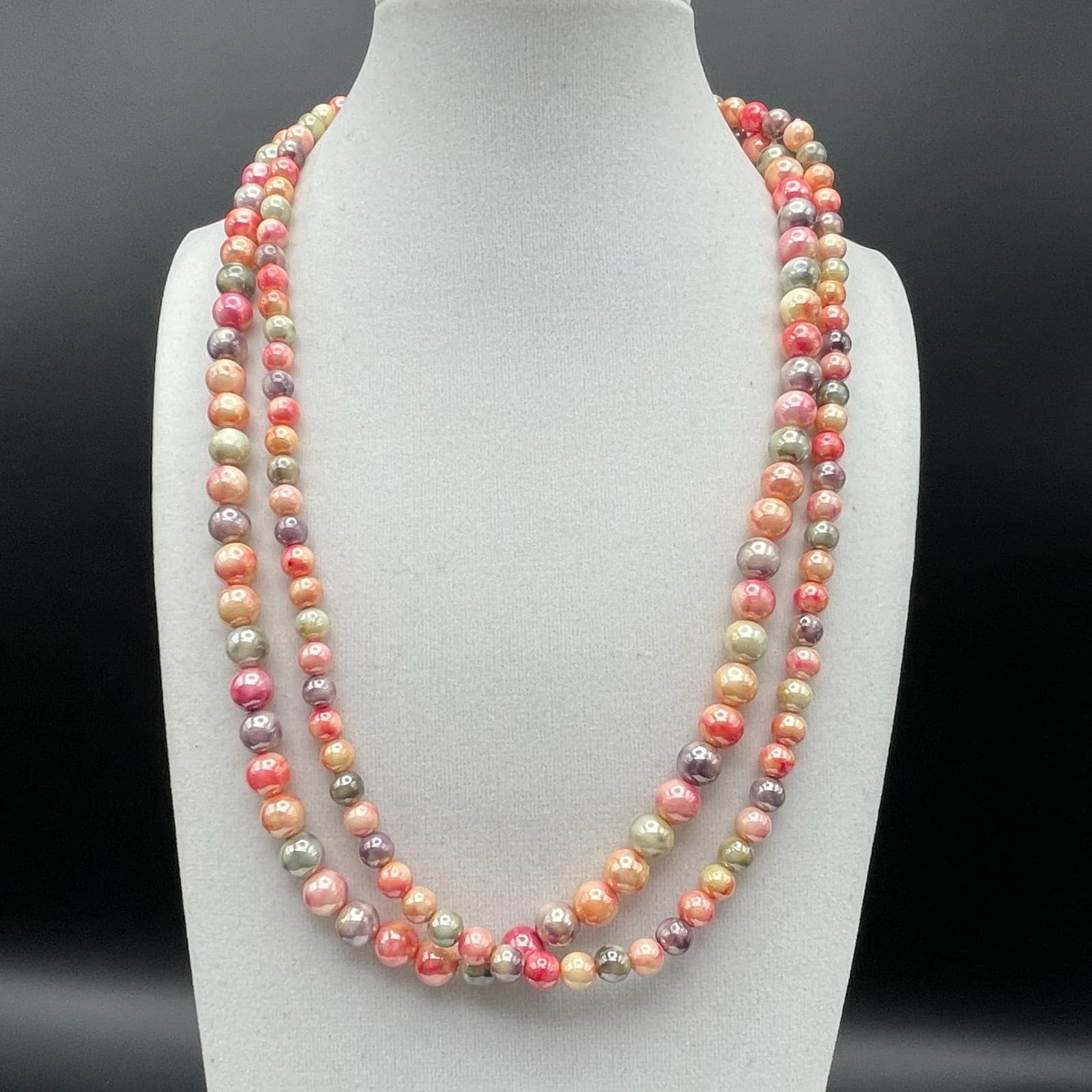Vintage Vibrant peach pink gray Multi color double strand beaded necklace 21 in - Image 1