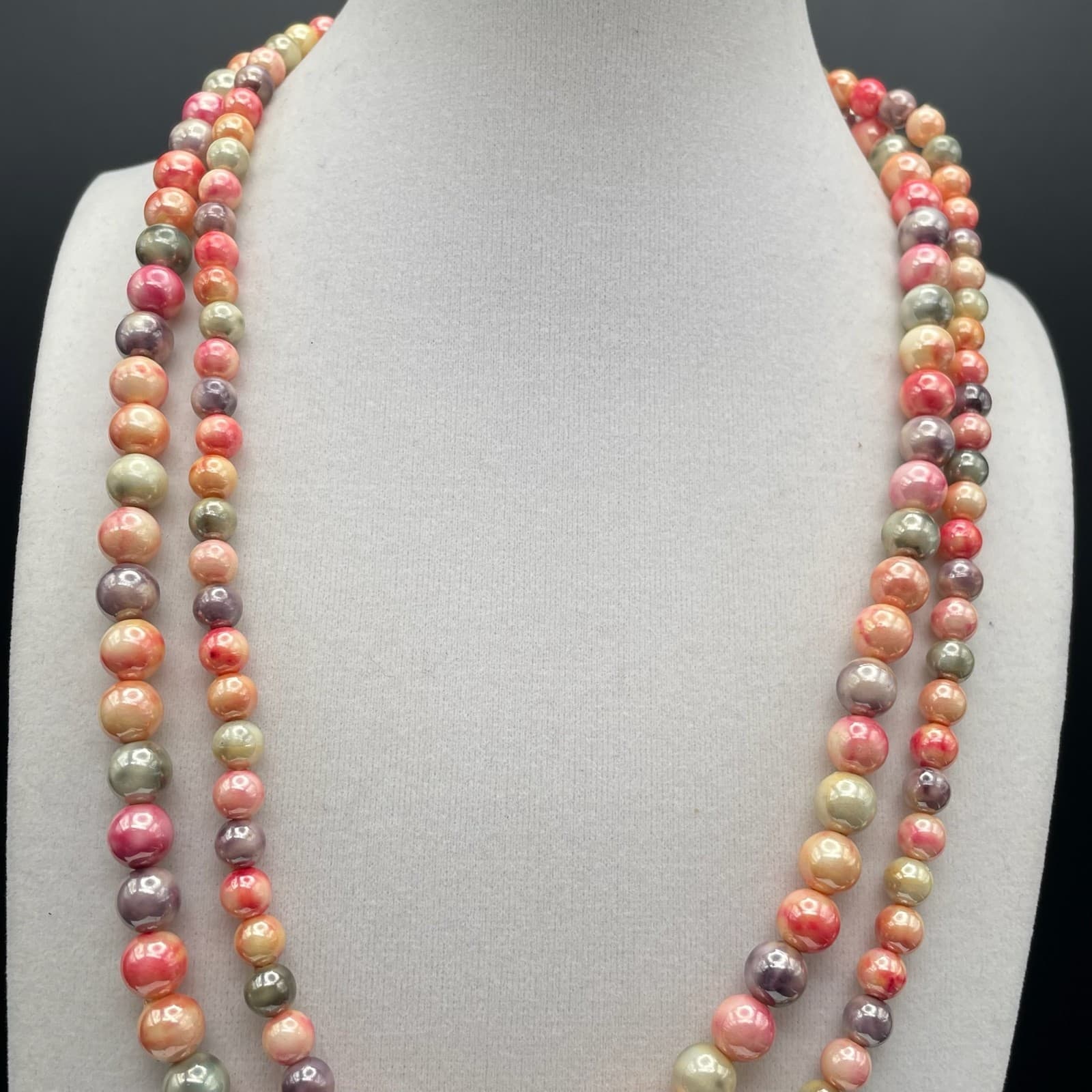 Vintage Vibrant peach pink gray Multi color double strand beaded necklace 21 in - Thumbnail 4