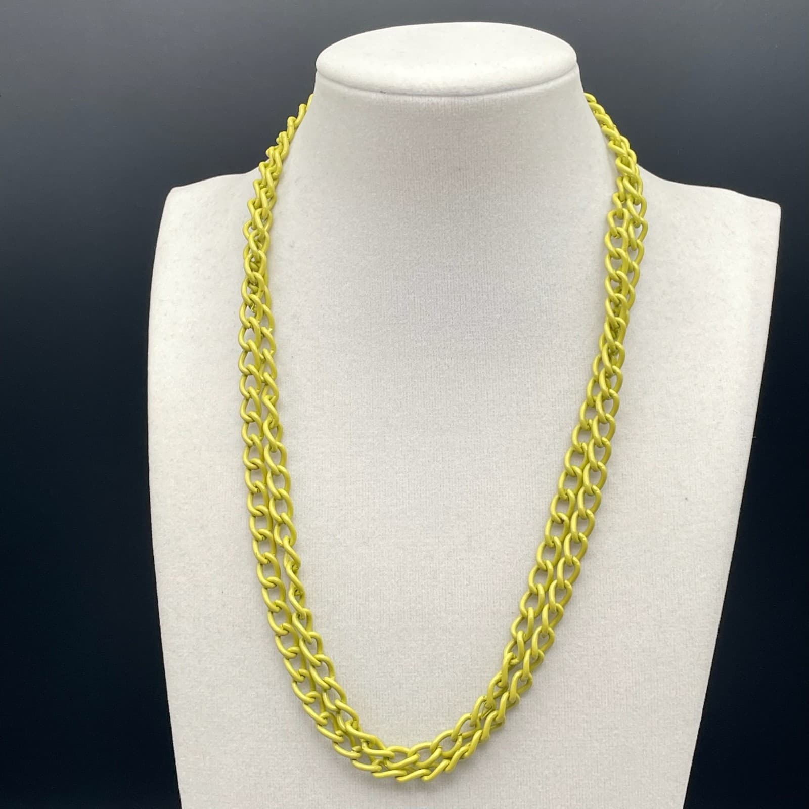 Vintage Double Curb Chain Necklace Neon Yellow Enamel Coated Long Chunky - Image 1