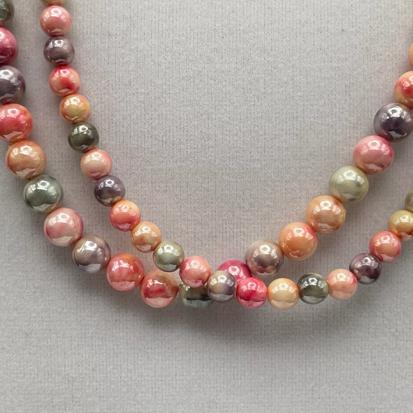 Vintage Vibrant peach pink gray Multi color double strand beaded necklace 21 in - Thumbnail 6