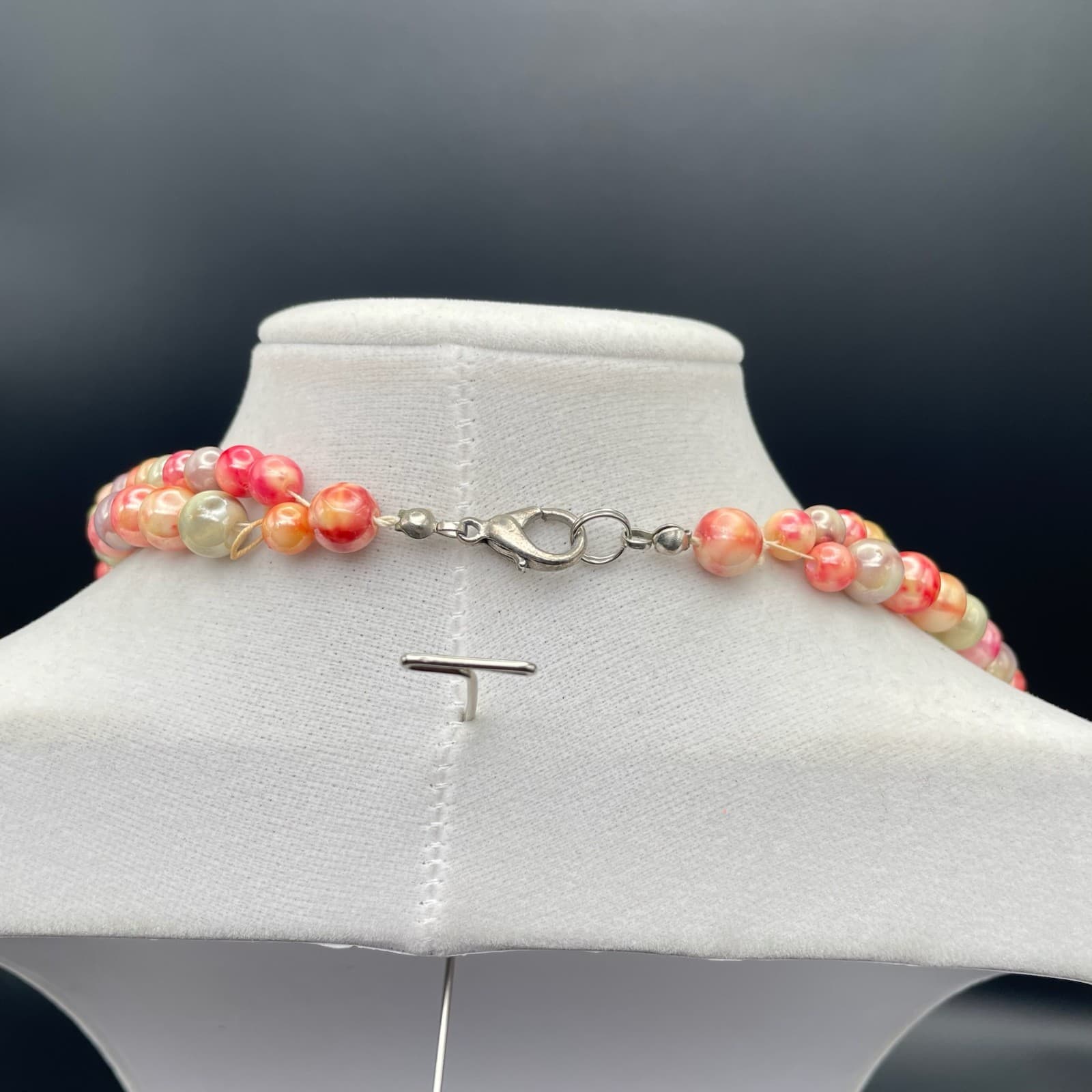 Vintage Vibrant peach pink gray Multi color double strand beaded necklace 21 in - Thumbnail 9