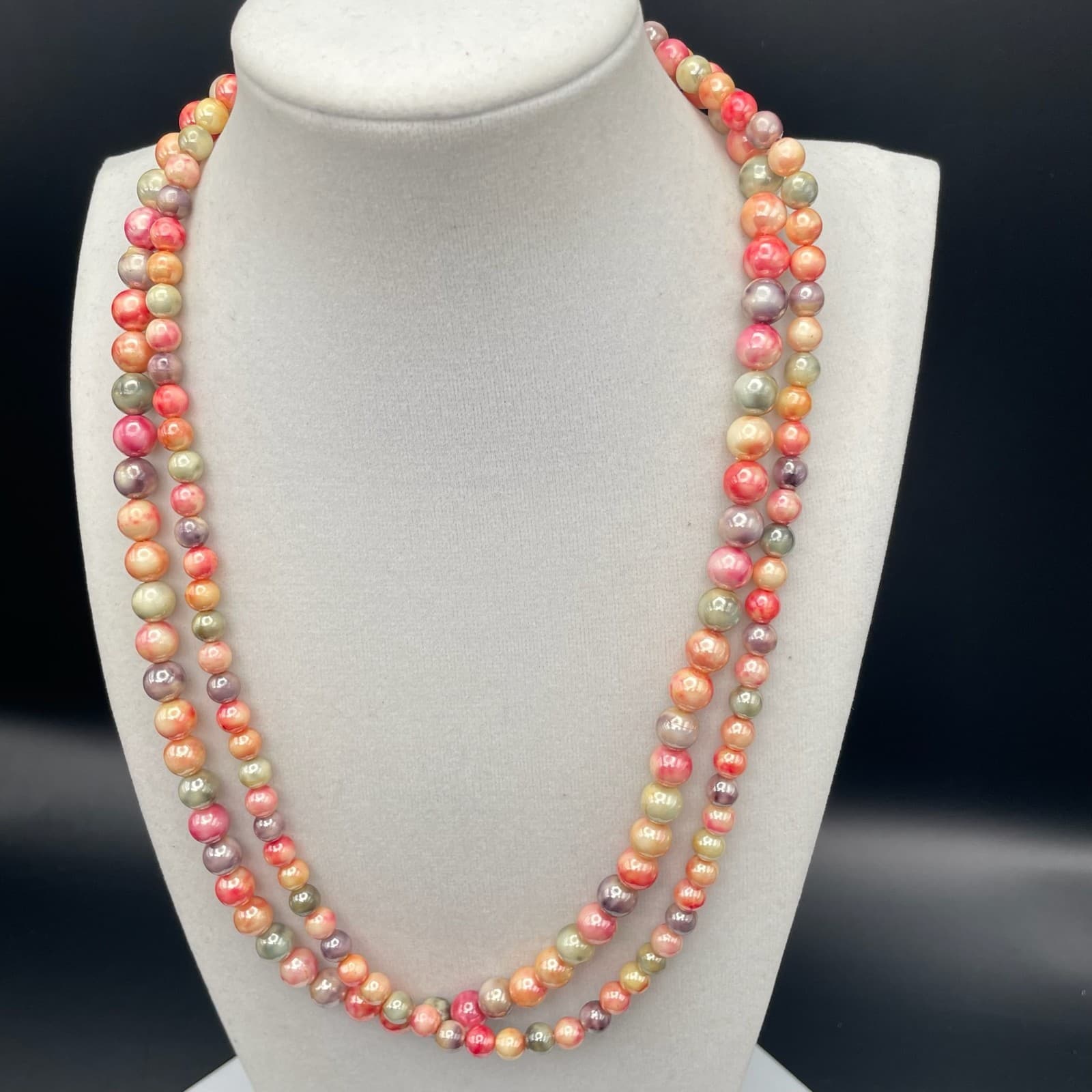 Vintage Vibrant peach pink gray Multi color double strand beaded necklace 21 in - Thumbnail 7