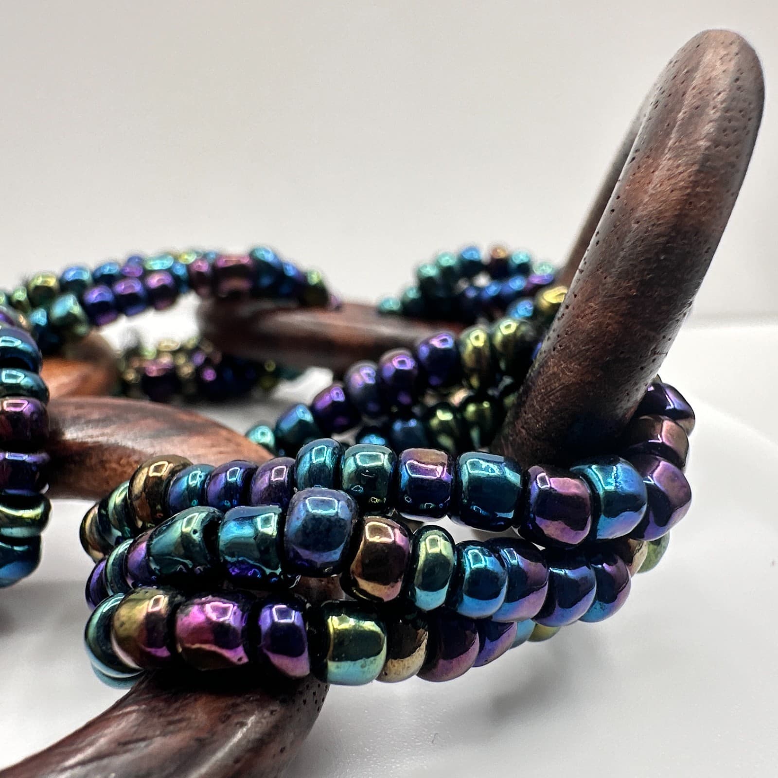 Vintage Y2K Statement Necklace Iridescent Seed Beads Wooden Rings Boho Jewelry - Thumbnail 4