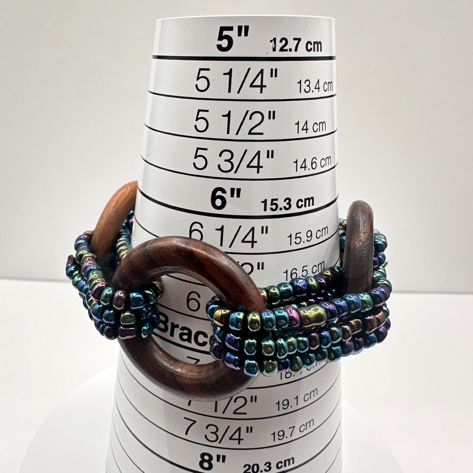 Vintage Y2K Statement Necklace Iridescent Seed Beads Wooden Rings Boho Jewelry - Thumbnail 6