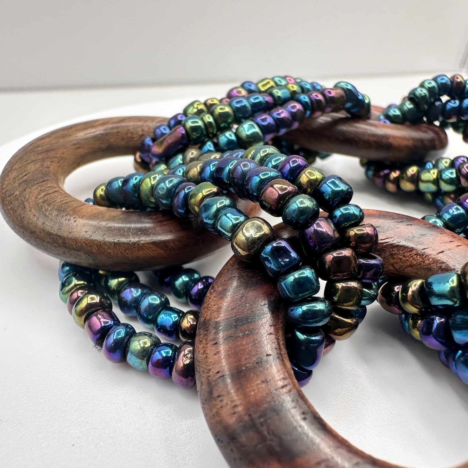 Vintage Y2K Statement Necklace Iridescent Seed Beads Wooden Rings Boho Jewelry - Thumbnail 3