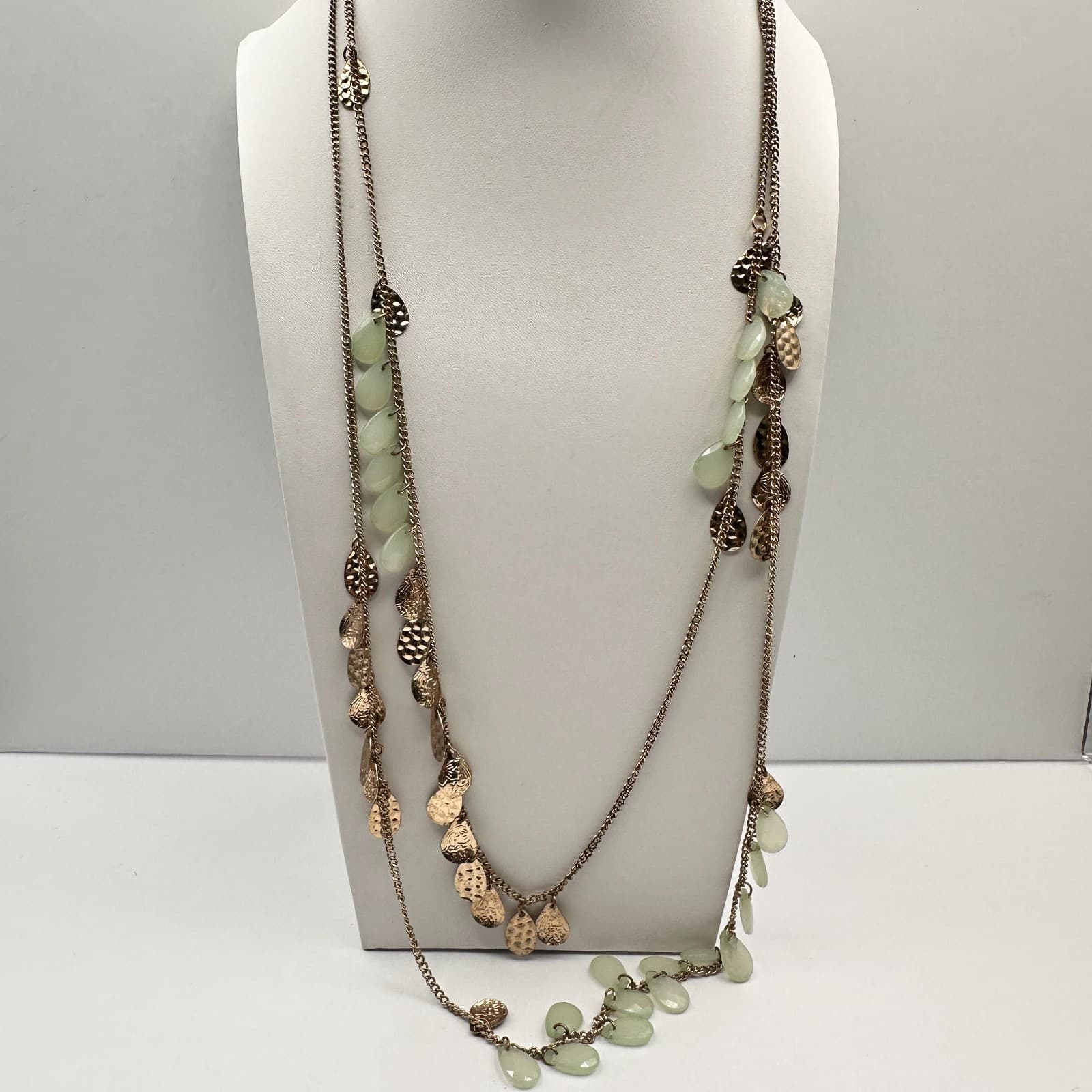 Vintage 90s Multi Strand Layered Gold Tone Necklace Green Faux Stone Jewelry - Thumbnail 2