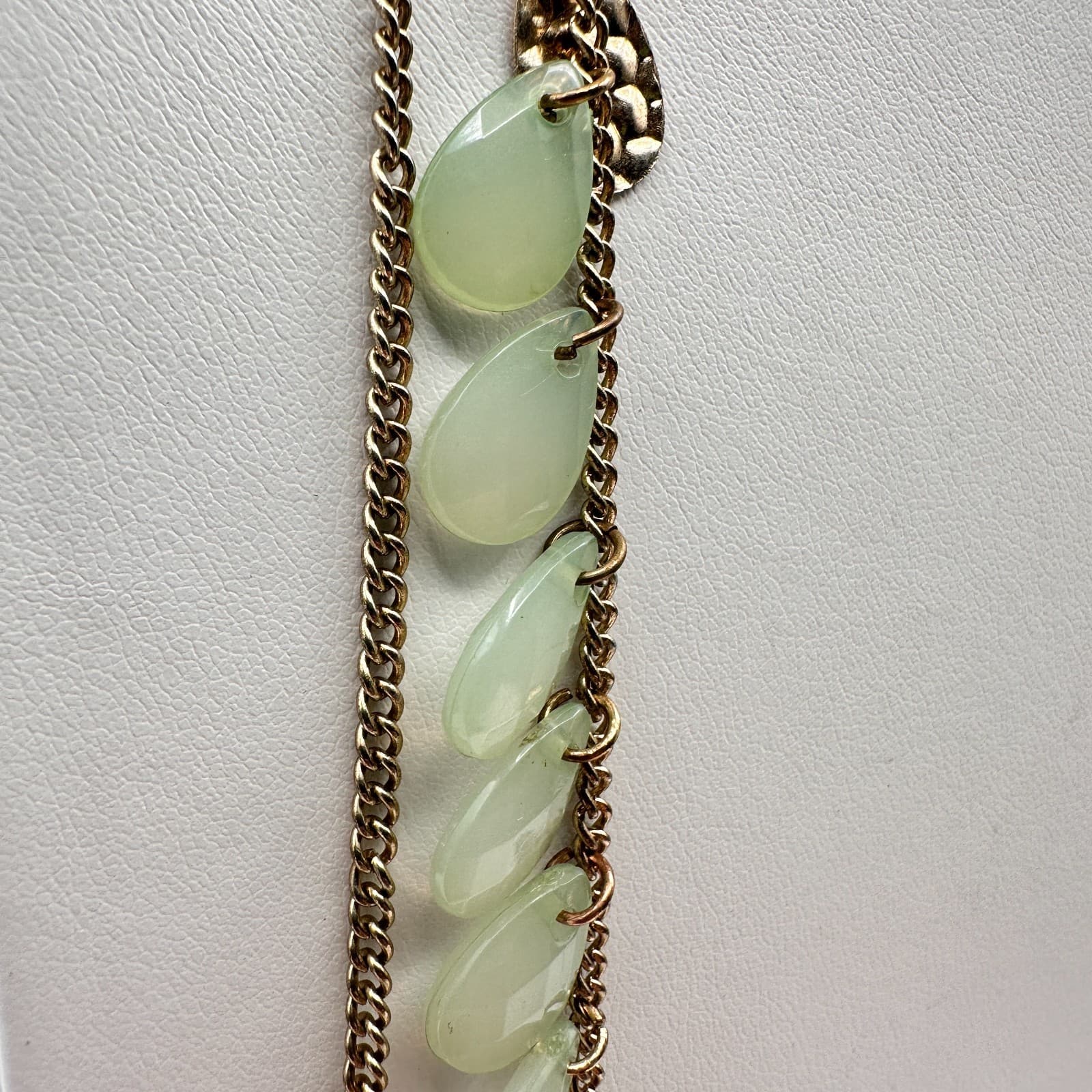 Vintage 90s Multi Strand Layered Gold Tone Necklace Green Faux Stone Jewelry - Thumbnail 4