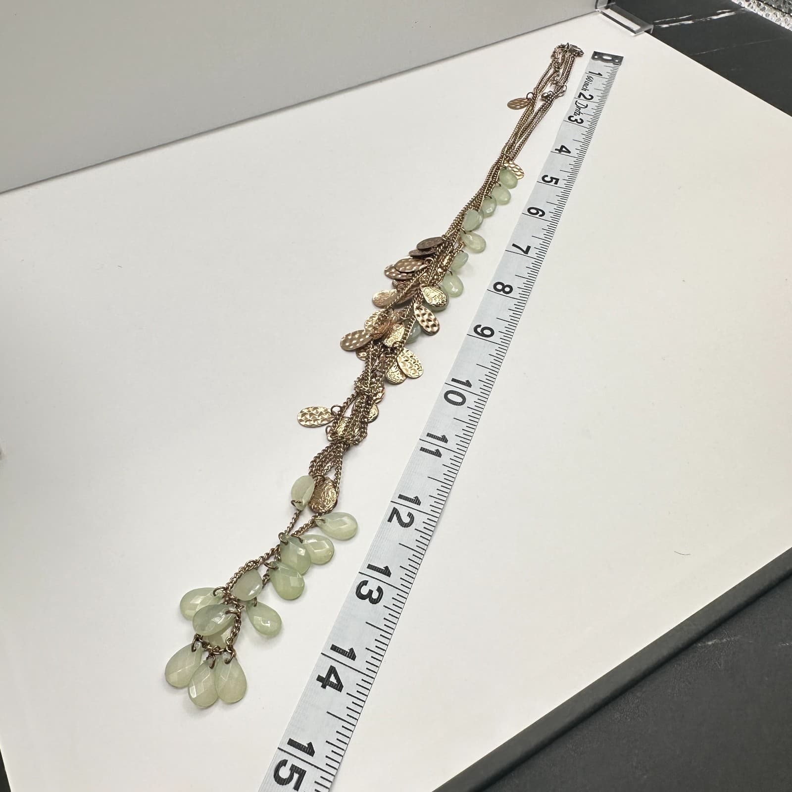 Vintage 90s Multi Strand Layered Gold Tone Necklace Green Faux Stone Jewelry - Thumbnail 10