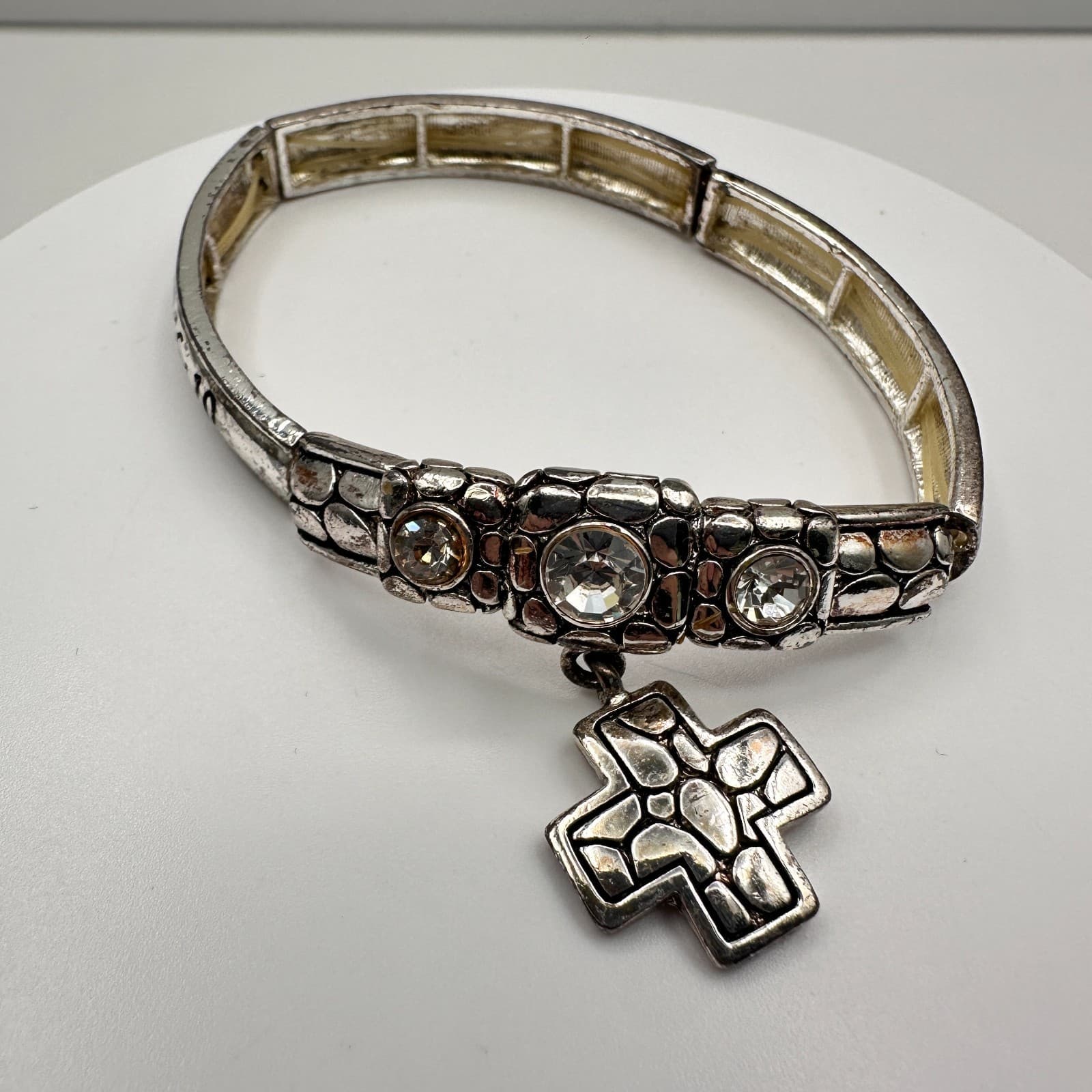 Vintage Y2K Religious Rhinestone Bracelet Psalms 46:10 Charm Silver Tone Jewelry - Image 1