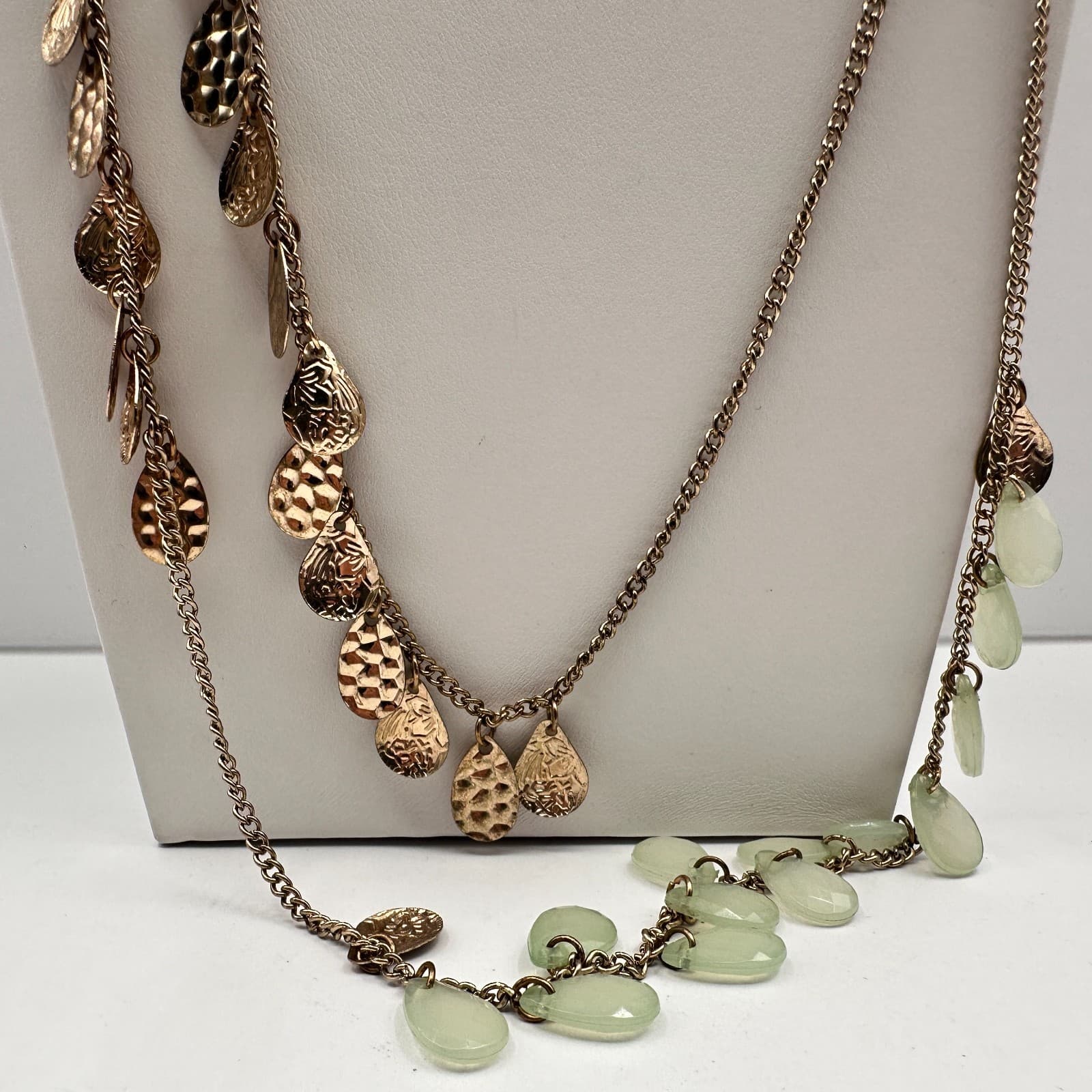 Vintage 90s Multi Strand Layered Gold Tone Necklace Green Faux Stone Jewelry - Thumbnail 6