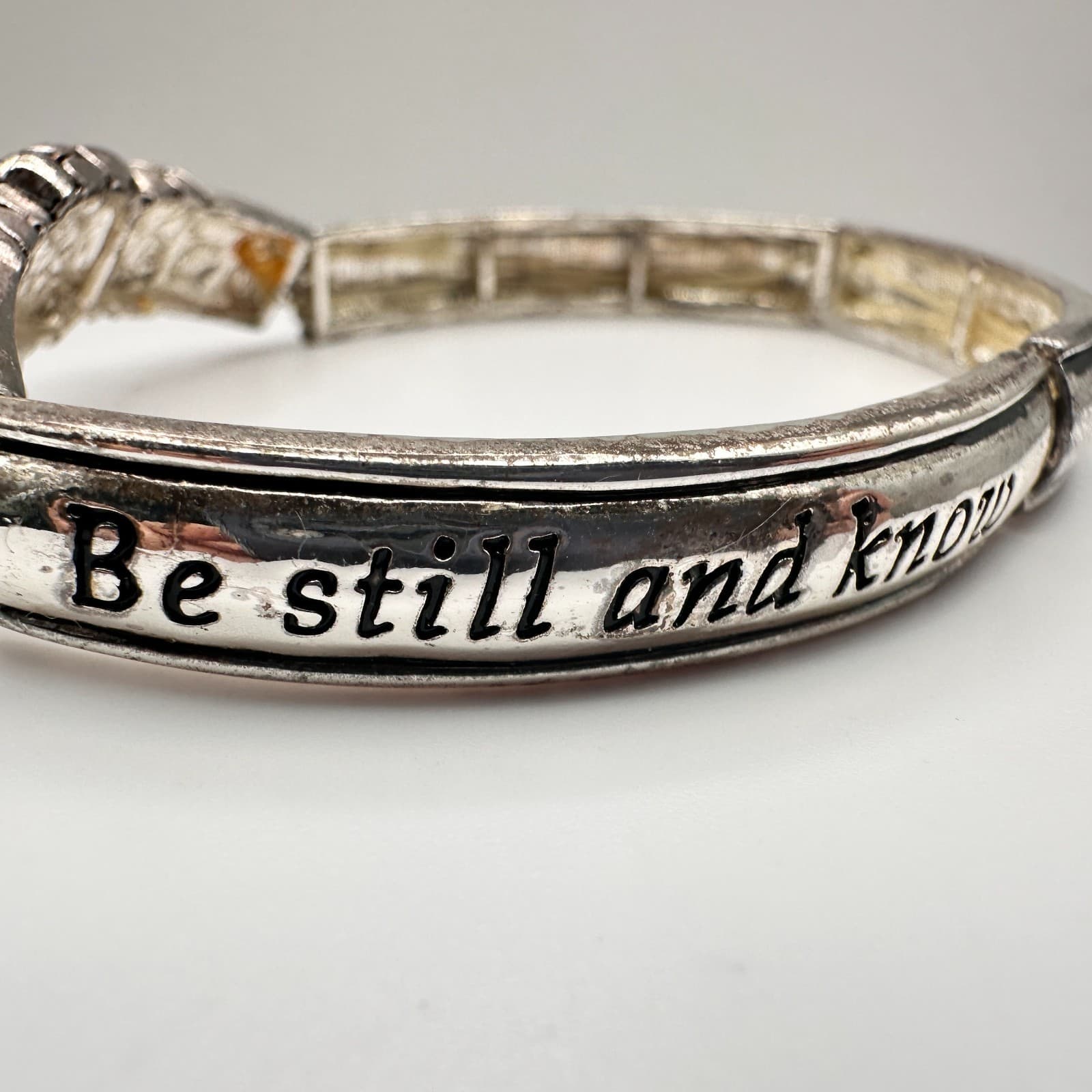 Vintage Y2K Religious Rhinestone Bracelet Psalms 46:10 Charm Silver Tone Jewelry - Thumbnail 6