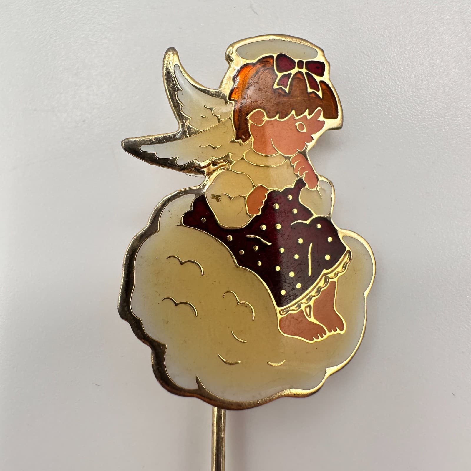 Vintage 80s 90s Angel On Cloud Stick Brooch Pin Gold Tone Enamel Jewelry - Thumbnail 2