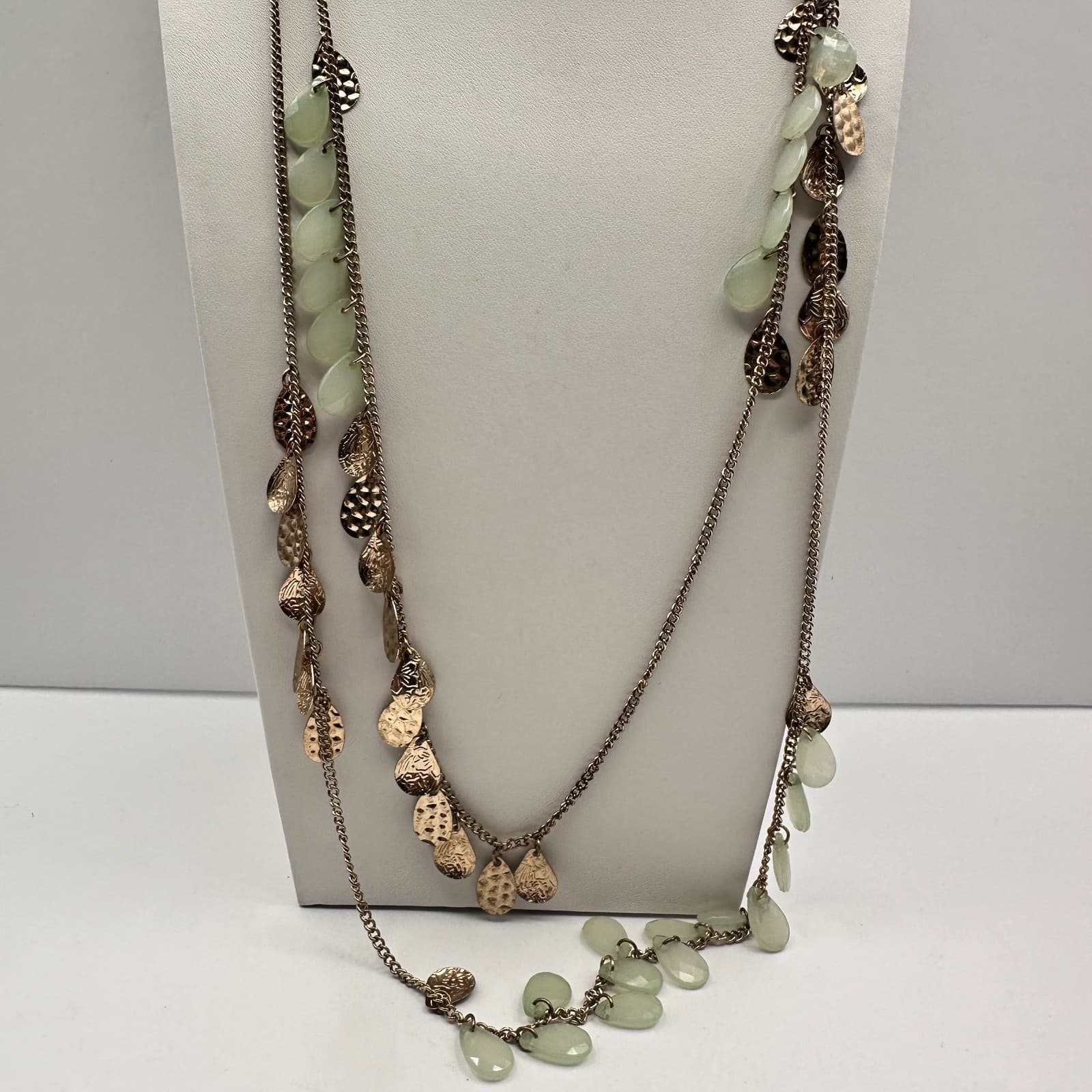Vintage 90s Multi Strand Layered Gold Tone Necklace Green Faux Stone Jewelry - Image 1