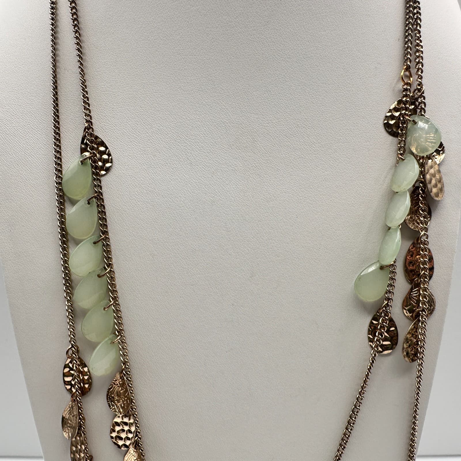 Vintage 90s Multi Strand Layered Gold Tone Necklace Green Faux Stone Jewelry - Thumbnail 7
