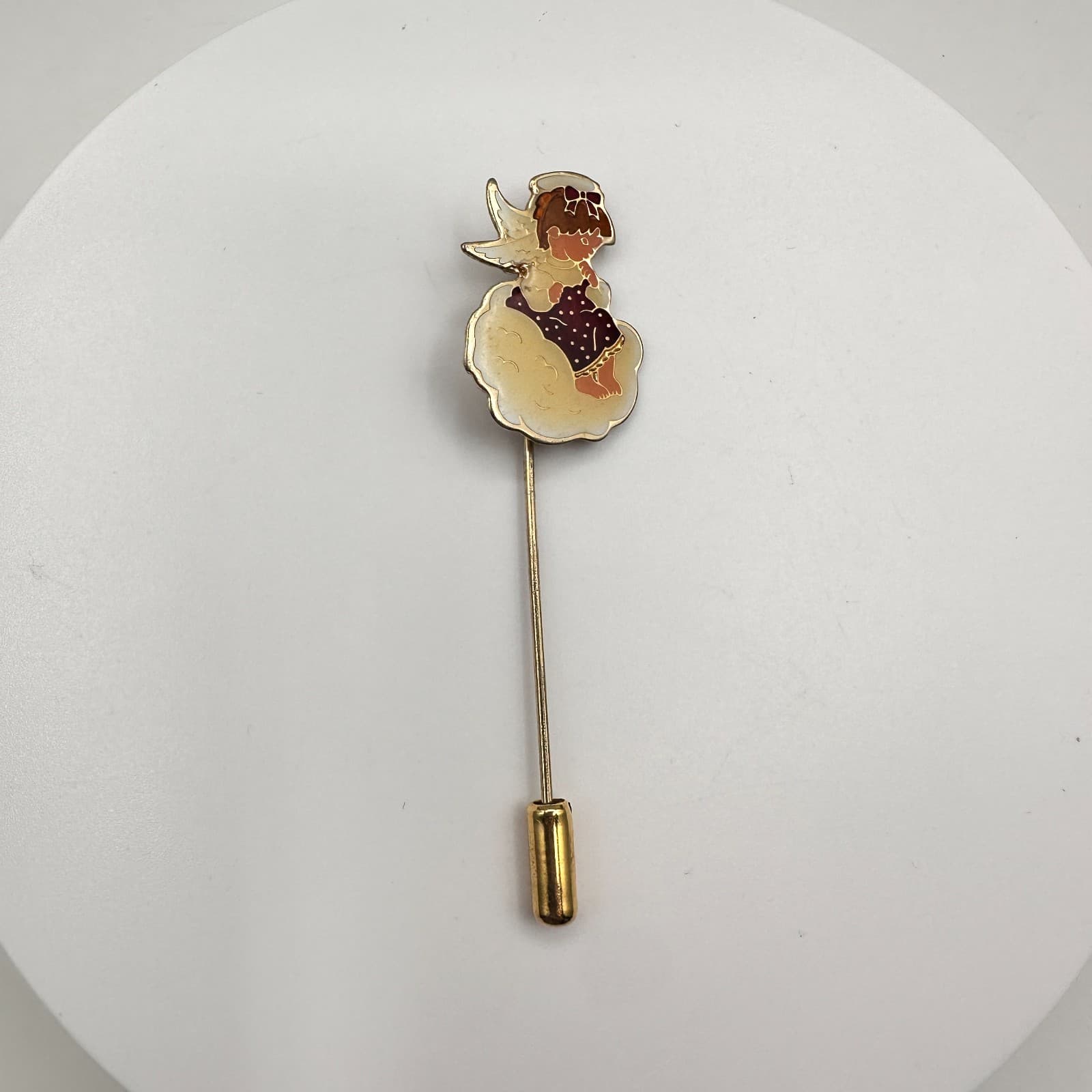 Vintage 80s 90s Angel On Cloud Stick Brooch Pin Gold Tone Enamel Jewelry - Image 1