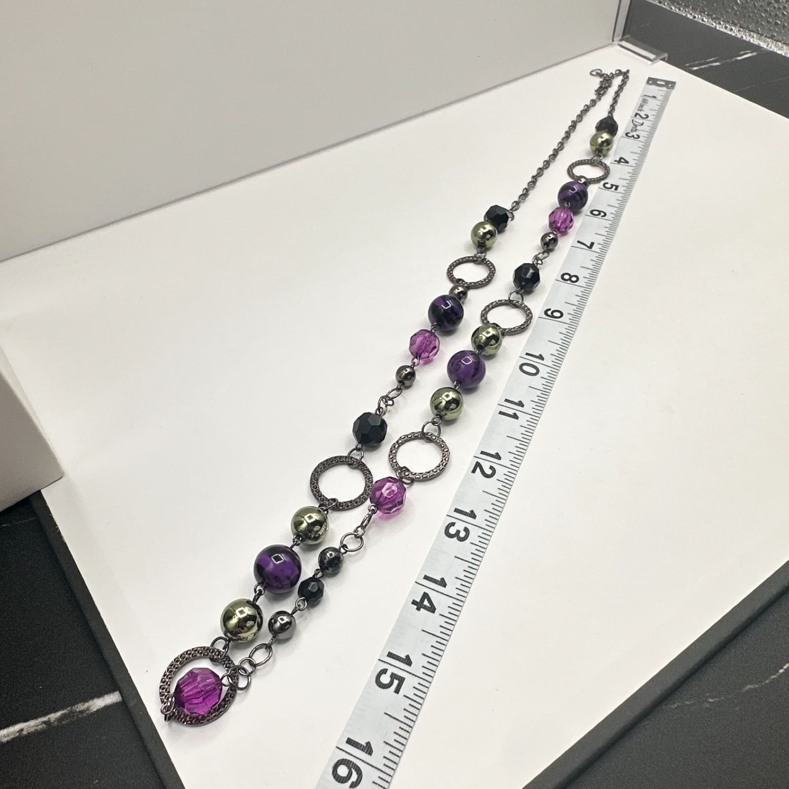 Vintage 90s Necklace Acrylic Beaded Silver Tone Boho Women's Classic Jewelry - Thumbnail 8