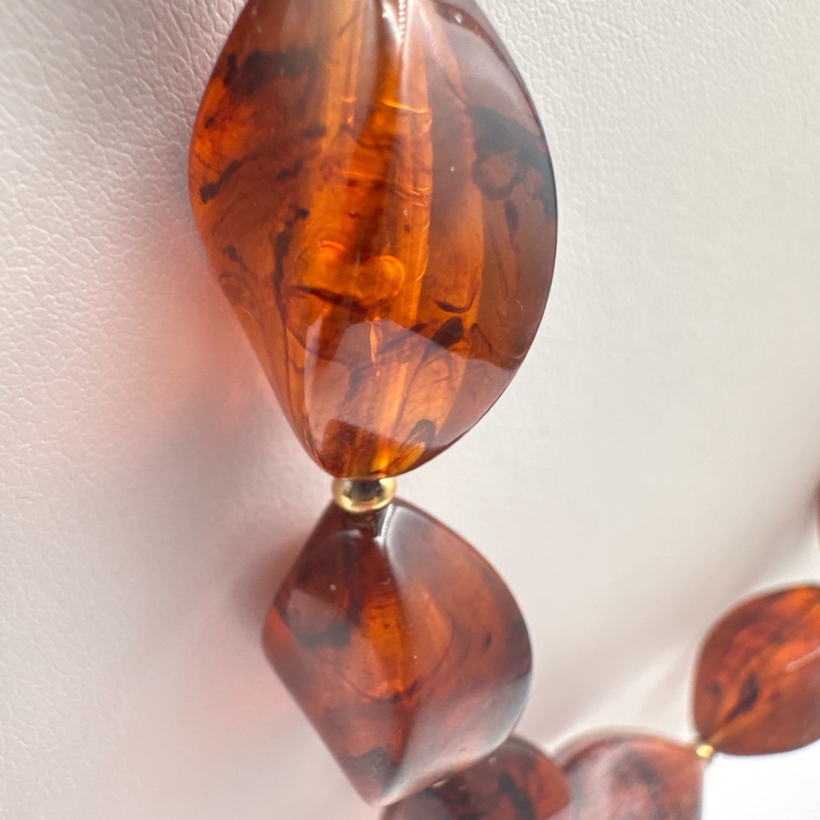 Vintage 90s Faux Amber Resin Chunky Necklace Brown Twisted Beaded Jewelry - Thumbnail 5