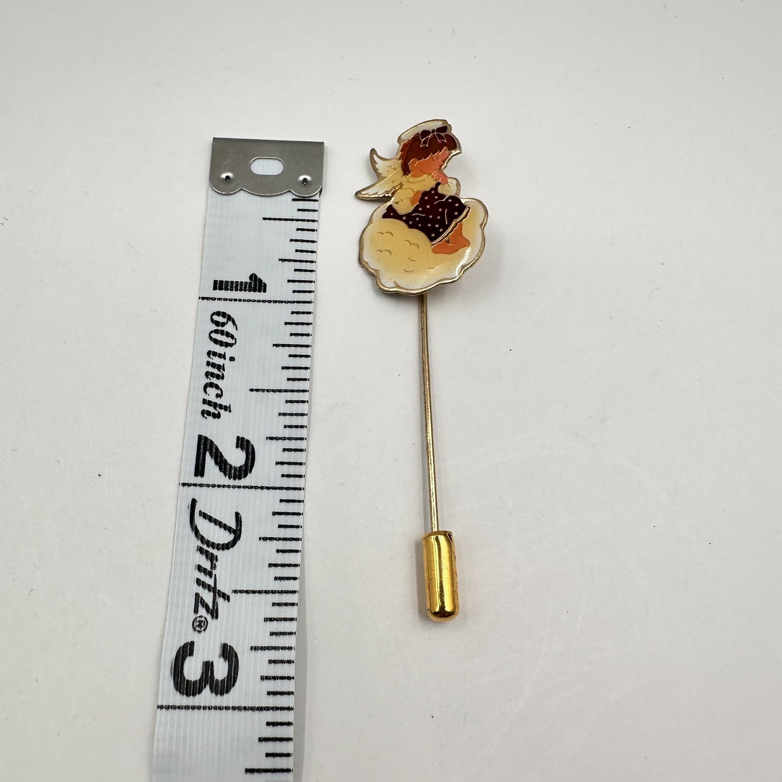 Vintage 80s 90s Angel On Cloud Stick Brooch Pin Gold Tone Enamel Jewelry - Thumbnail 8