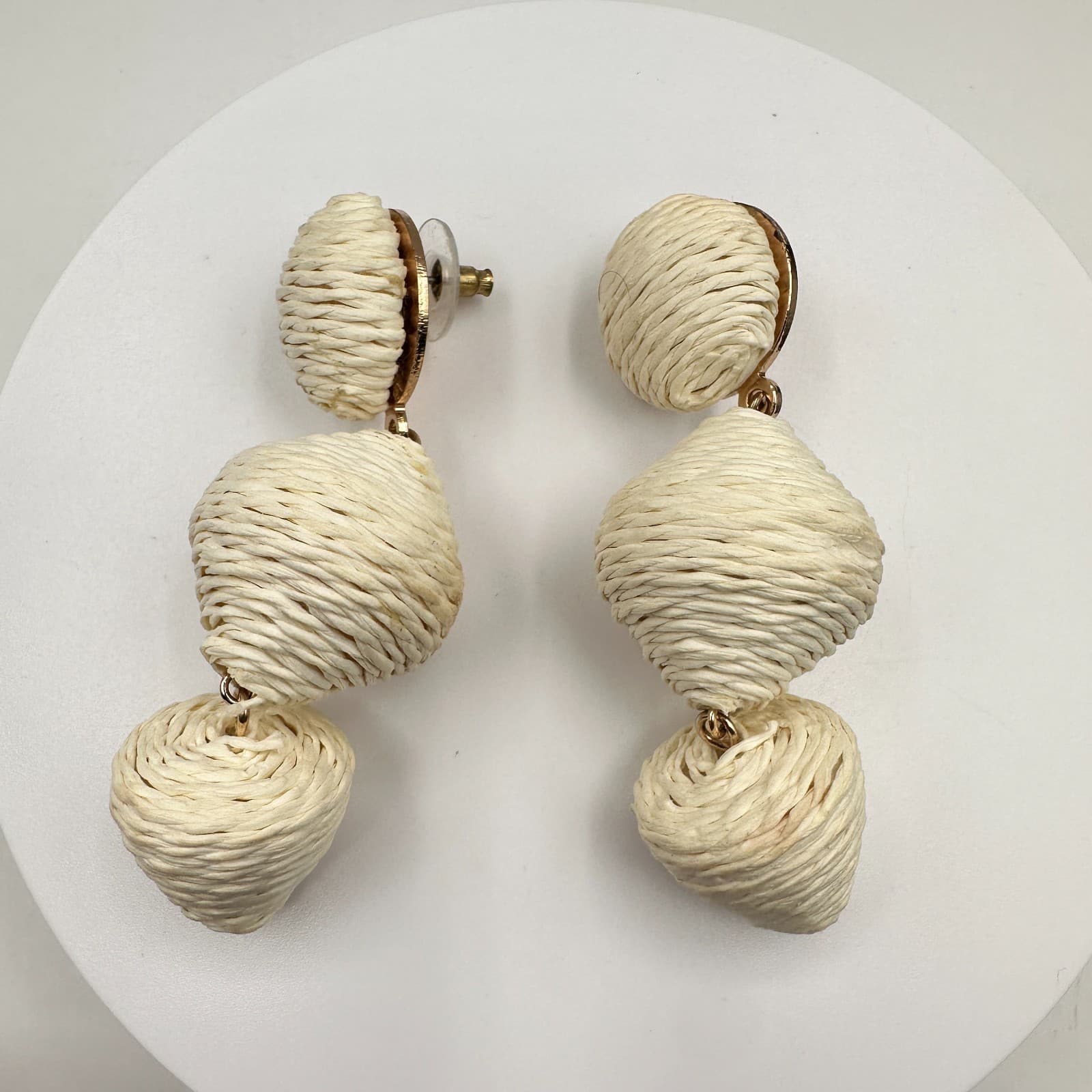 Vintage 90s Sugarfix Cream Raffia Lantern Drop Earrings Boho Geometric Dangle - Image 1