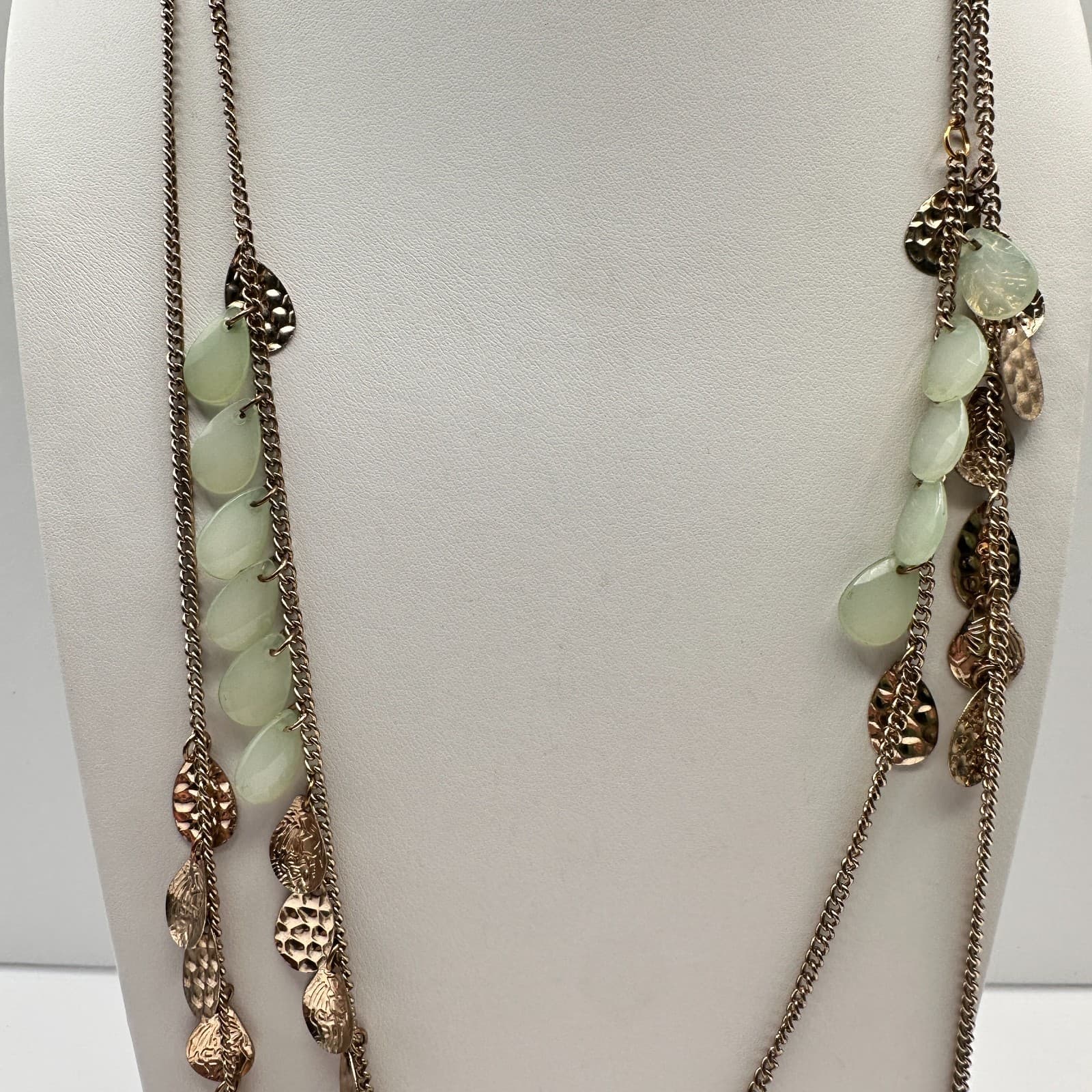 Vintage 90s Multi Strand Layered Gold Tone Necklace Green Faux Stone Jewelry - Thumbnail 3