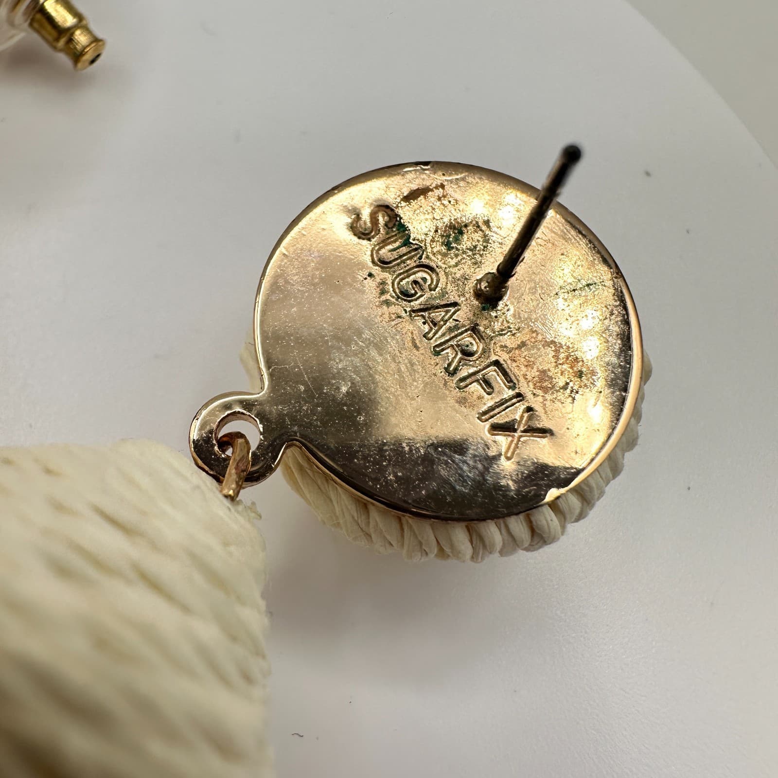 Vintage 90s Sugarfix Cream Raffia Lantern Drop Earrings Boho Geometric Dangle - Thumbnail 5