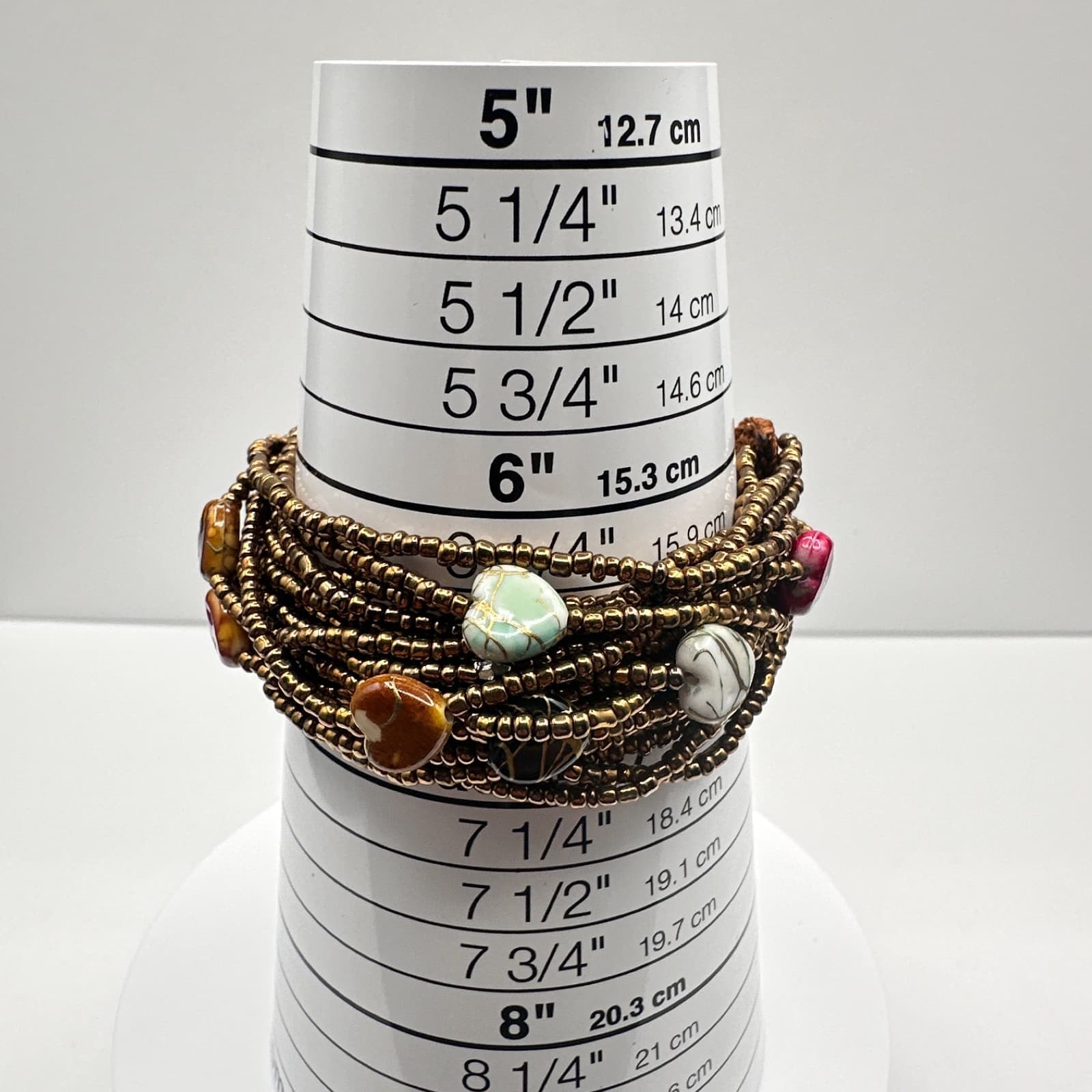 Vintage 90s Multi-Strand Bronze Beaded Bracelet Boho Heart Stone Charm Jewelry - Thumbnail 7