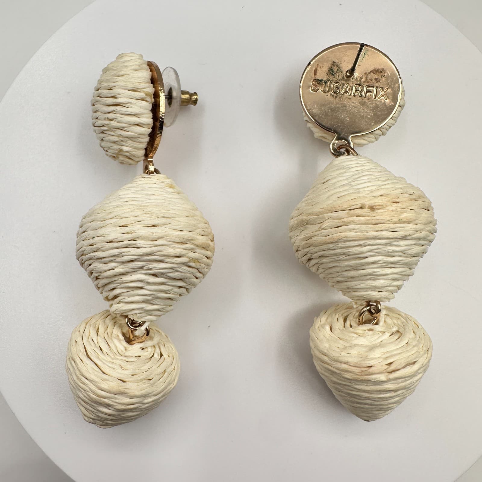 Vintage 90s Sugarfix Cream Raffia Lantern Drop Earrings Boho Geometric Dangle - Thumbnail 7