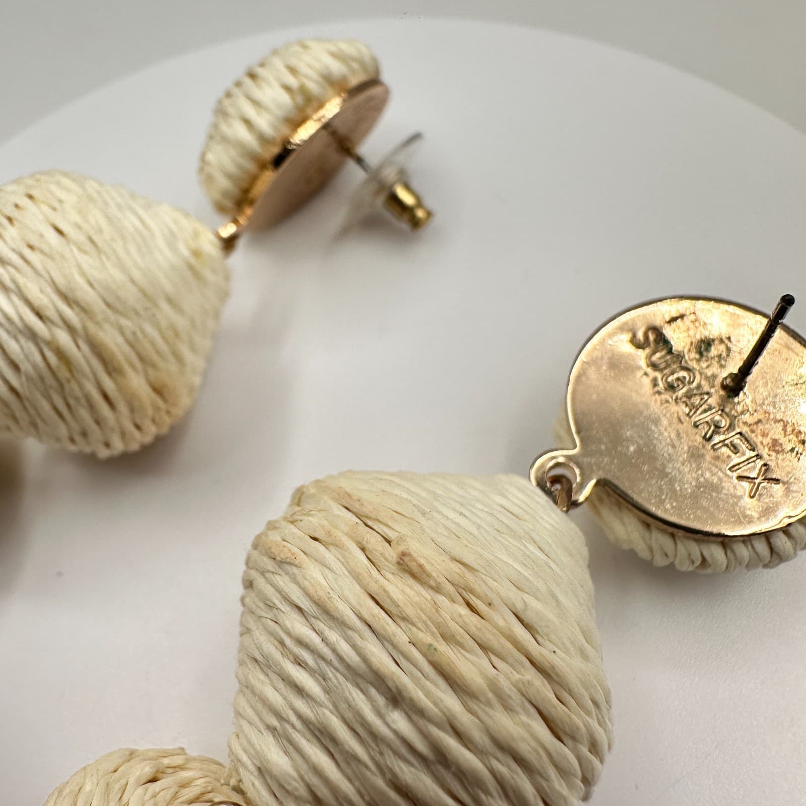 Vintage 90s Sugarfix Cream Raffia Lantern Drop Earrings Boho Geometric Dangle - Thumbnail 6