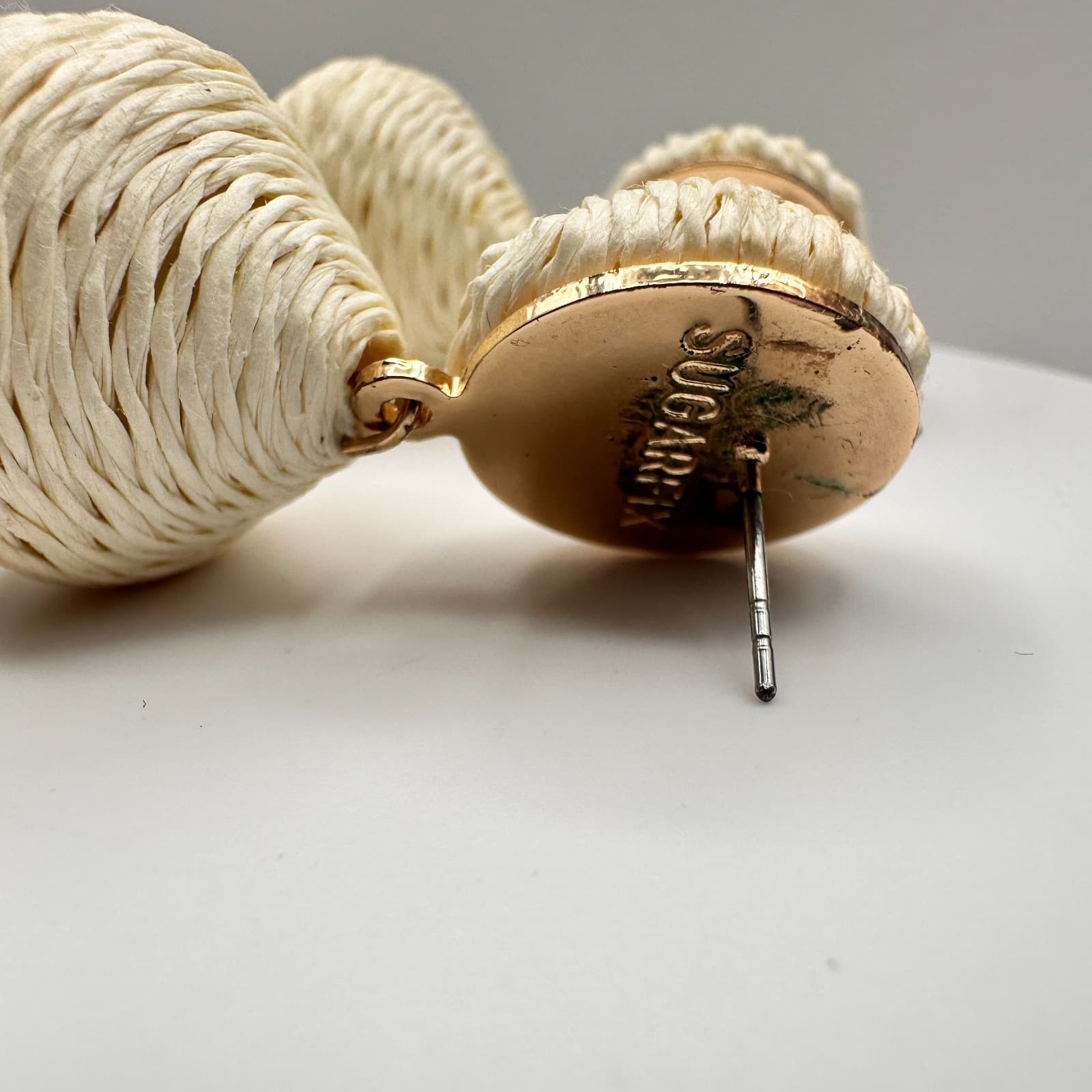 Vintage 90s Sugarfix Cream Raffia Lantern Drop Earrings Boho Geometric Dangle - Thumbnail 4