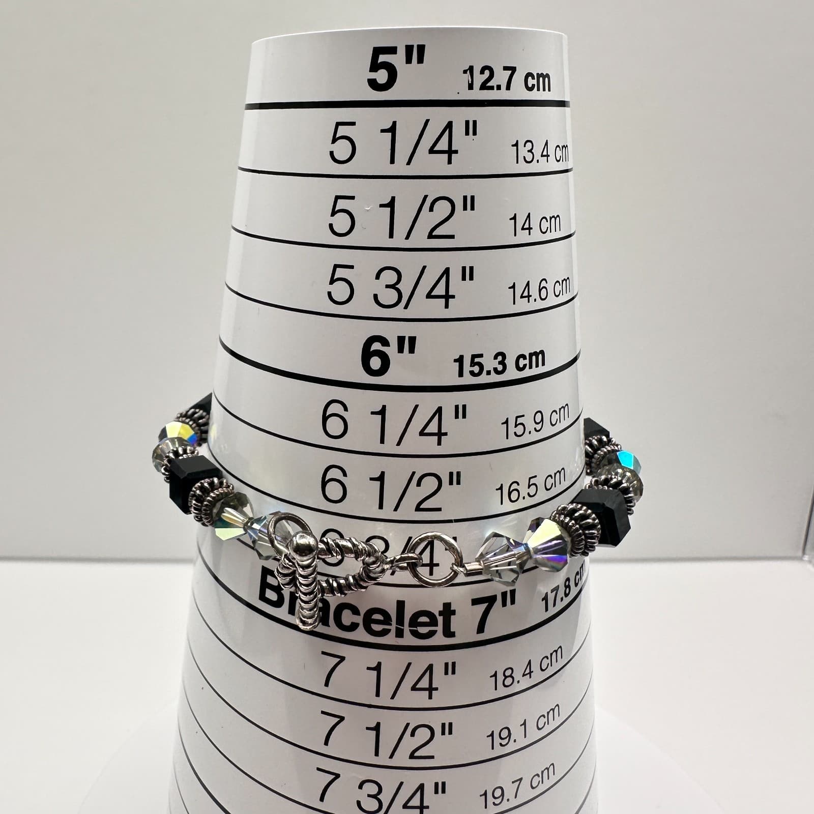 Vintage 90s Beaded Bracelet Black Cube Iridescent Glass Silver Tone Toggle - Thumbnail 7