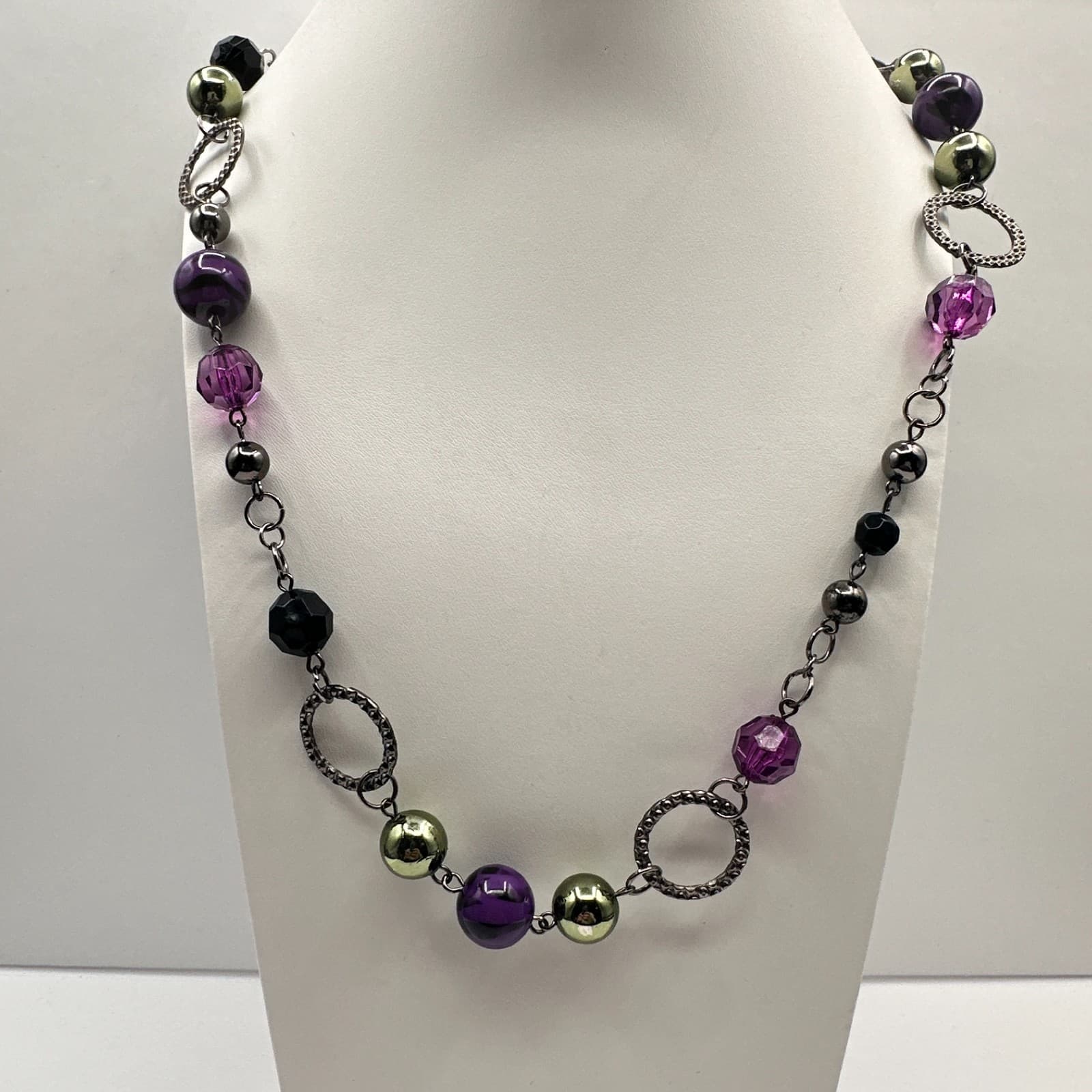 Vintage 90s Necklace Acrylic Beaded Silver Tone Boho Women's Classic Jewelry - Thumbnail 2