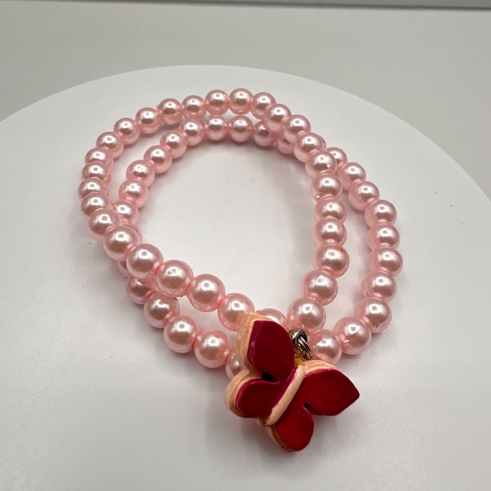 Vintage Y2K Pink Faux Pearl Double Strand Bracelet Butterfly Charm Boho Jewelry - Image 1